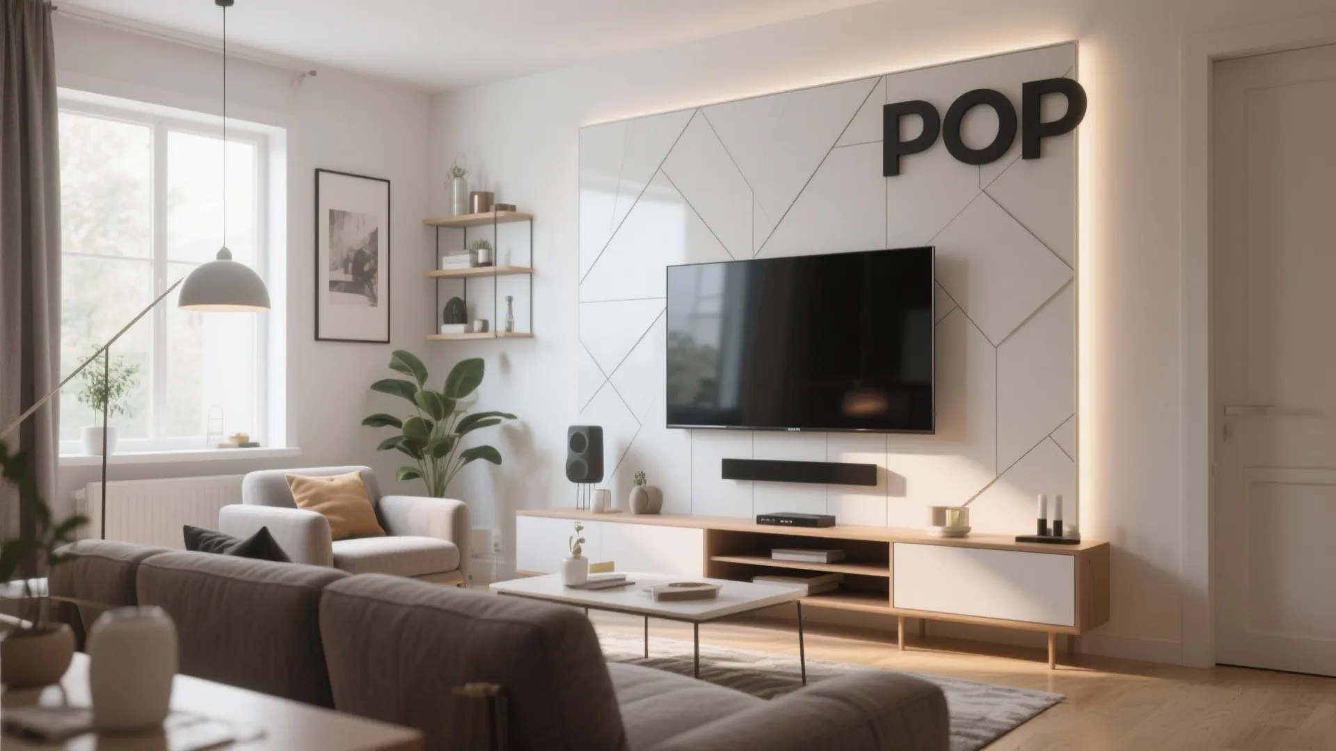 Modern living room with white wall panels television wooden cabinet grey sofa and large window