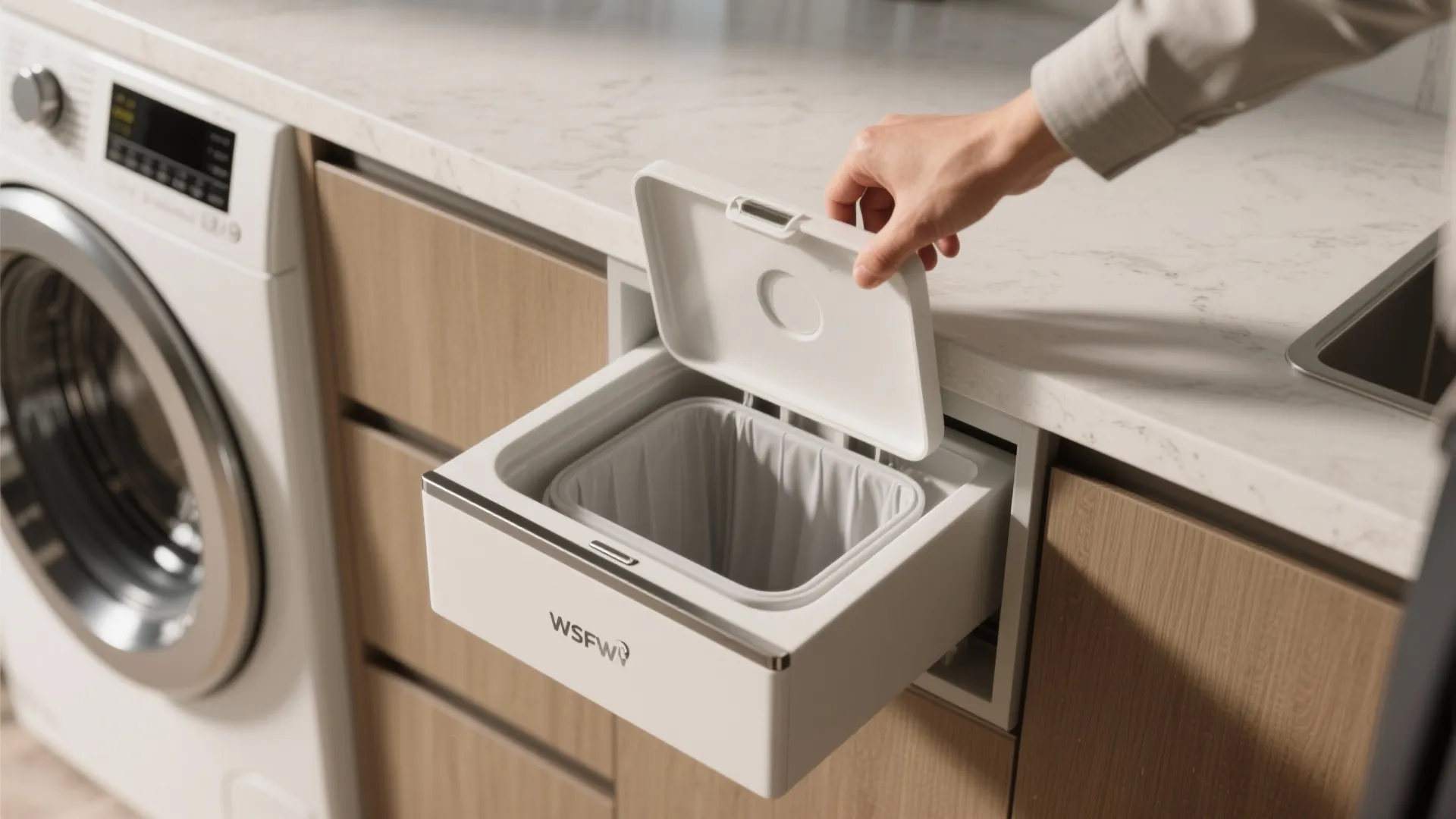 Top-down view of a pop-up countertop dispenser with removable liner above a front-loading washer.