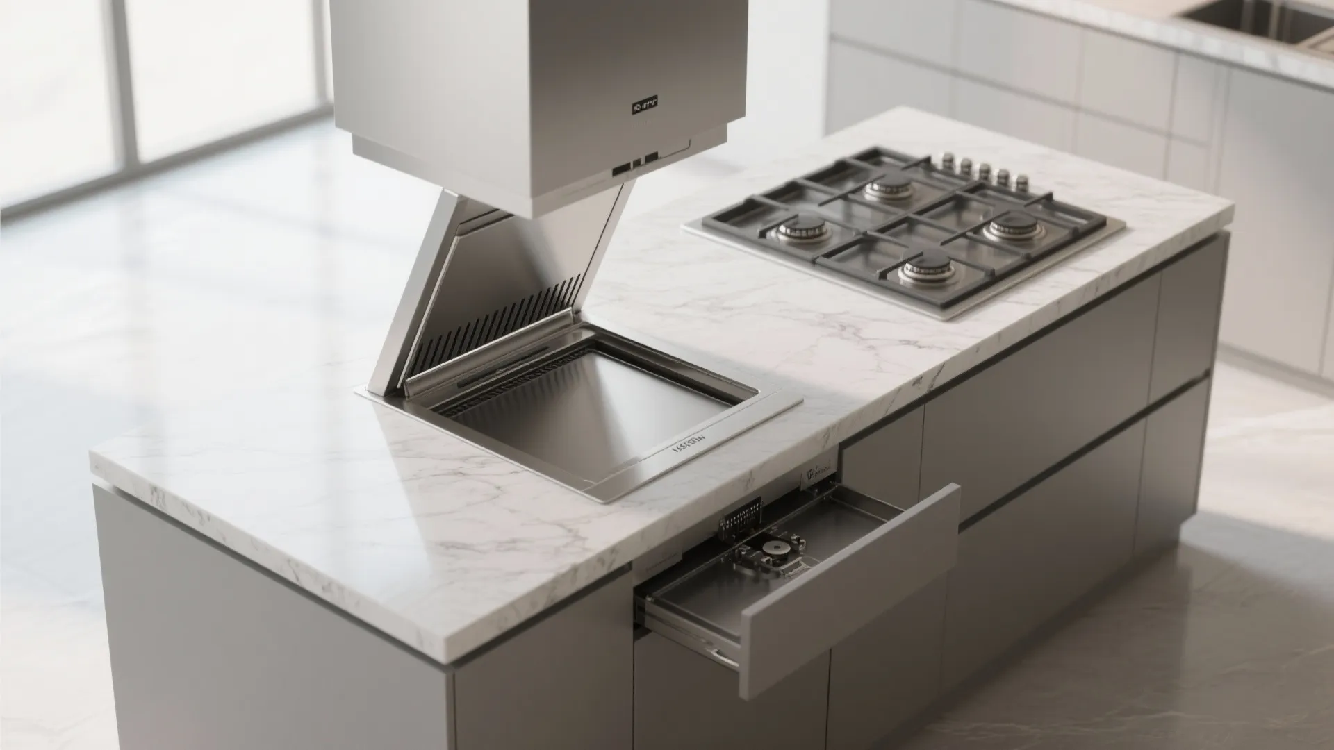 4. Under-cabinet downdraft or pop-up hood — invisible when you don’t need it
