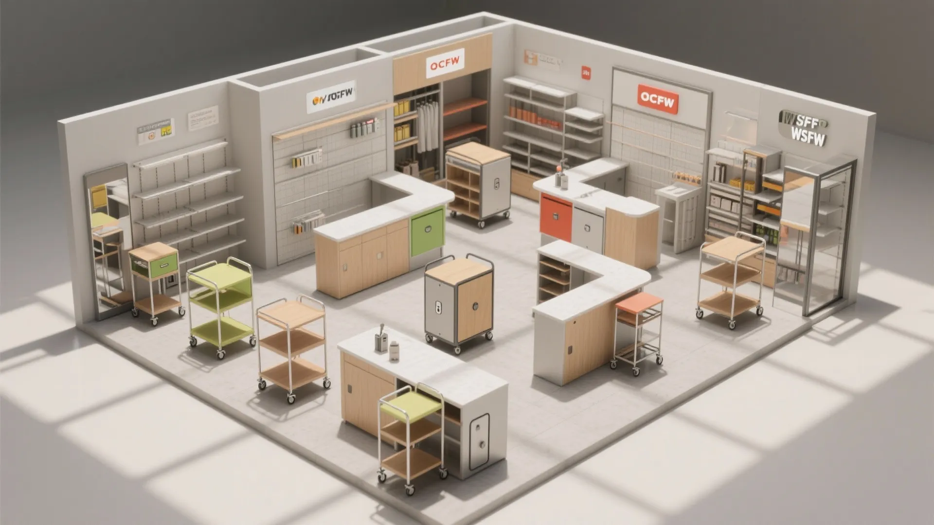 Top-down view of modular rolling carts and foldable counters reconfiguring a small store layout.