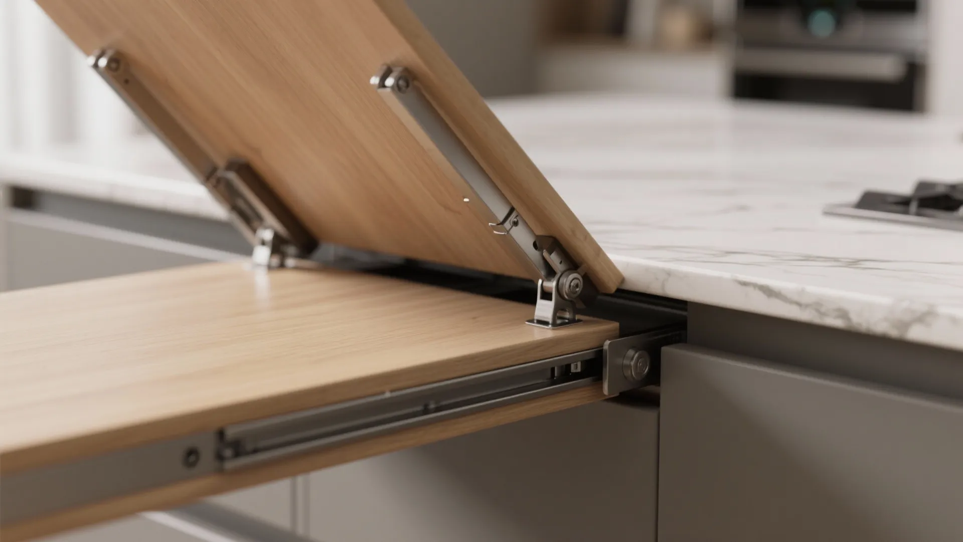 Close-up of a kitchen island pop-up dining leaf hinge and edge detail with wood and metal finishes.