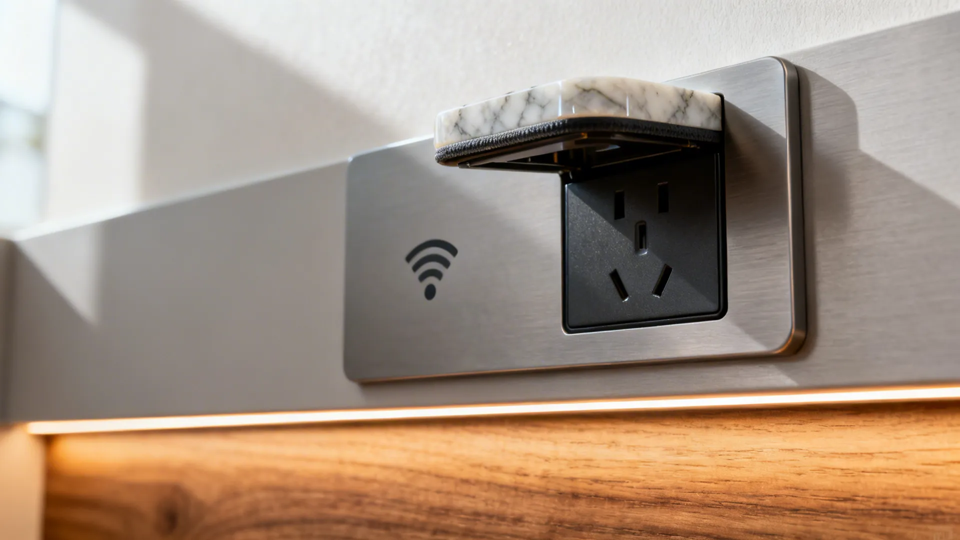 Macro of a pop-up outlet and LED strip integrated into a quartz-capped half wall.