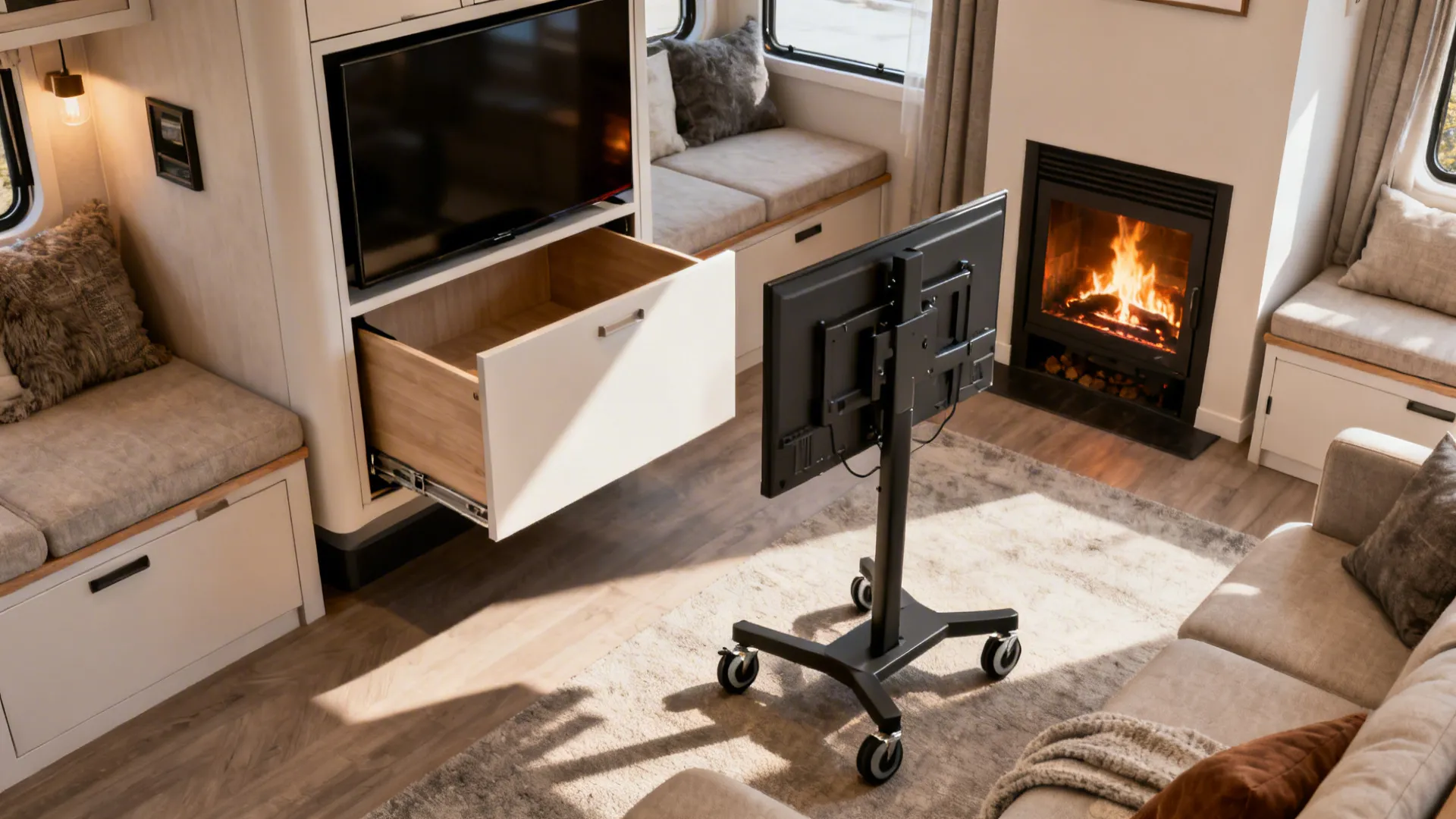 Multifunctional room with a pop-up TV cabinet raised beside a lit fireplace, showing flexible layouts.