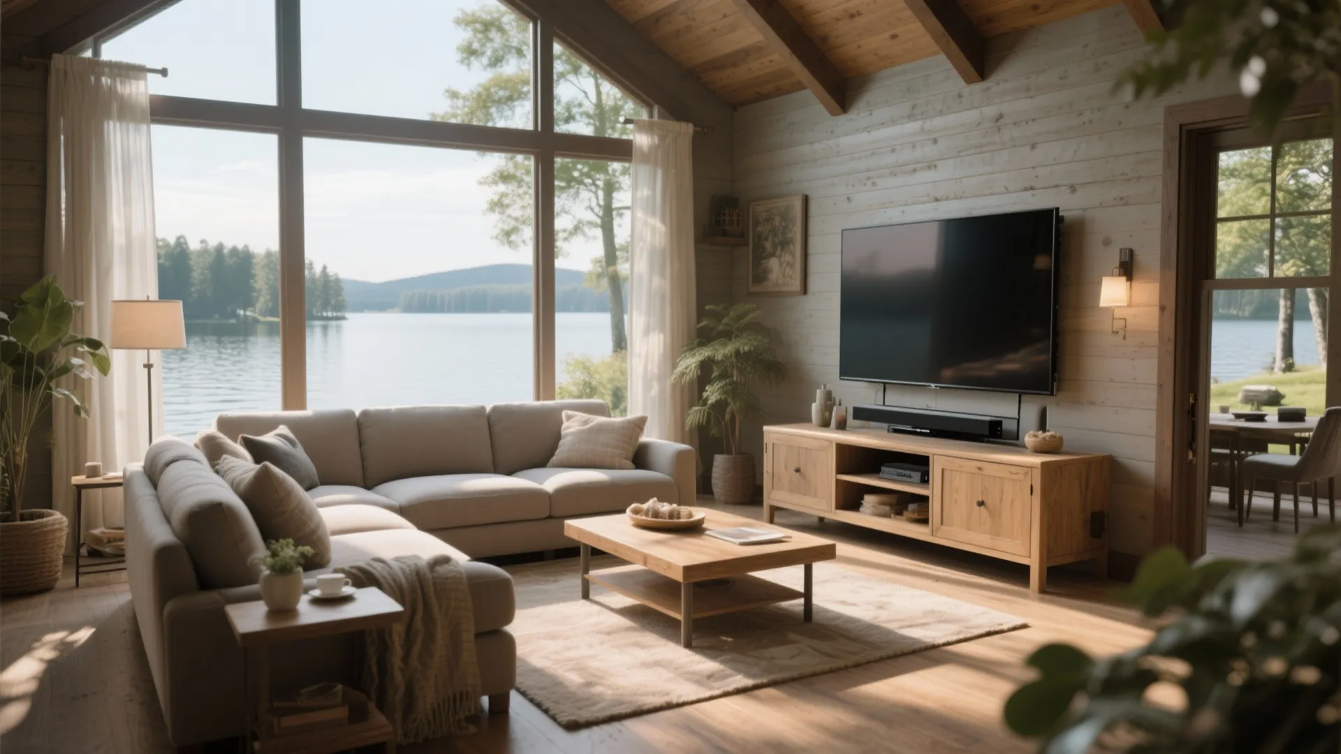 Pop-up TV lift cabinet in a lake house living room with large windows
