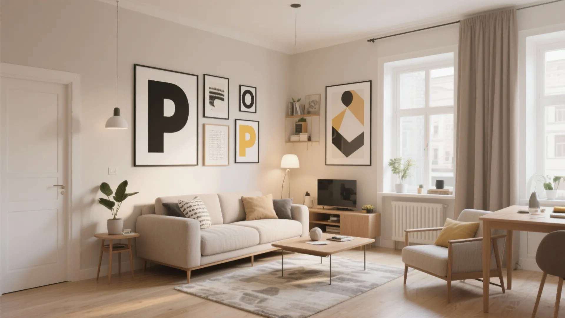Modern living room featuring beige sofa coffee table wall art natural light and wooden floor design