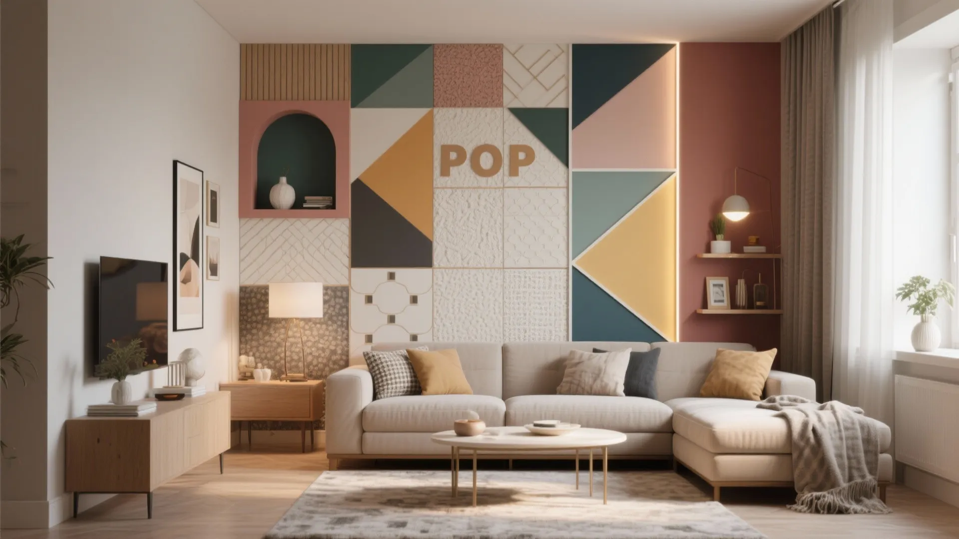 Modern living room with a colorful geometric wall design white sofa and a wooden cabinet