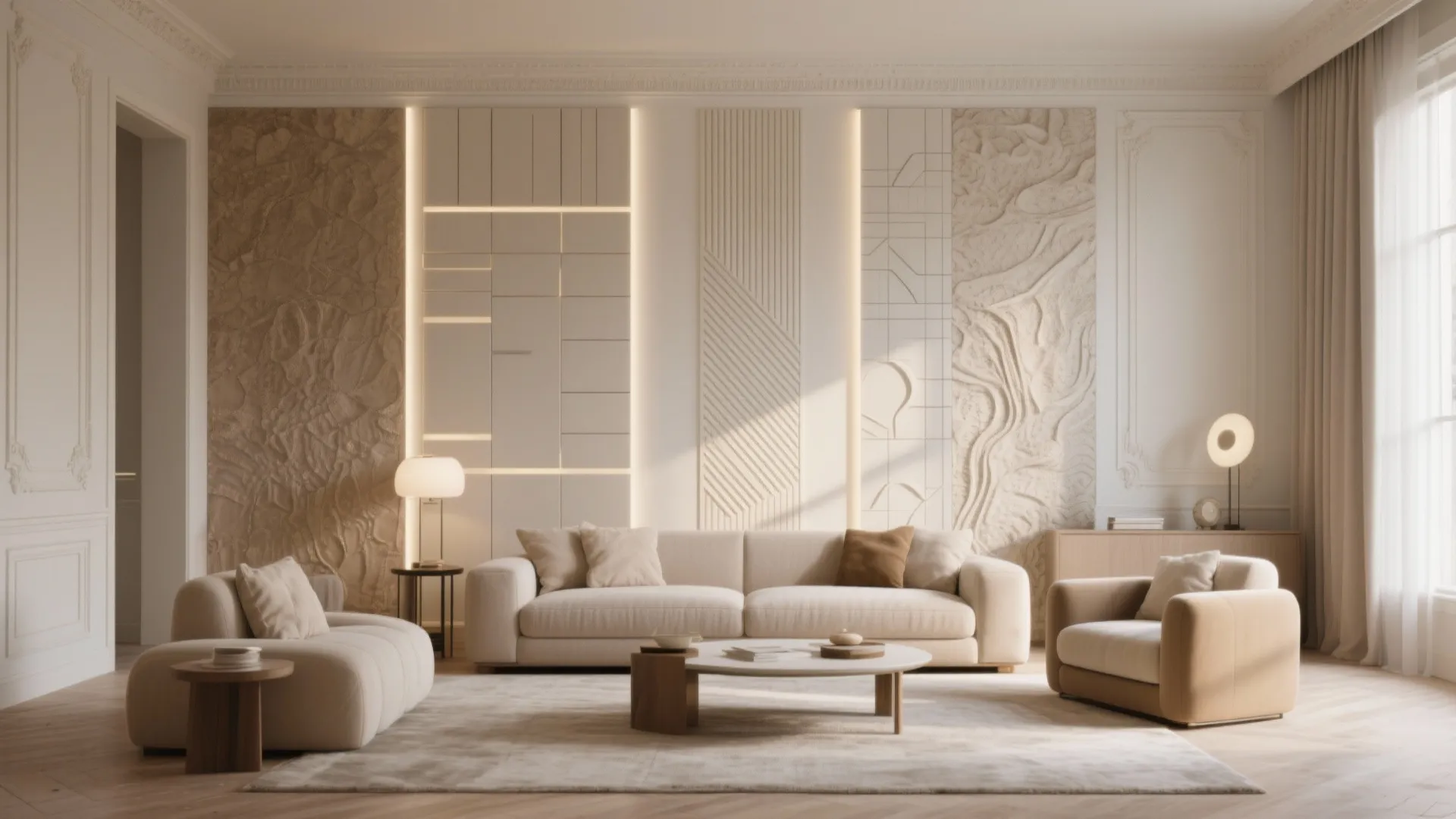 Luxury living room with textured wall panel designs including hidden light strips and cream furniture