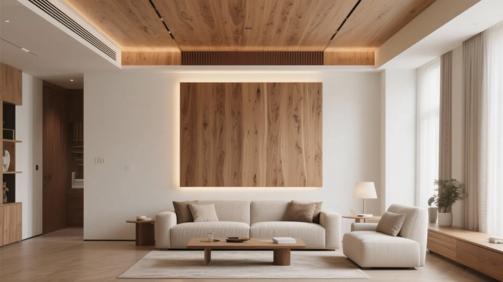 Minimalist living room with wood wall panel wood ceiling sofa coffee table and natural light