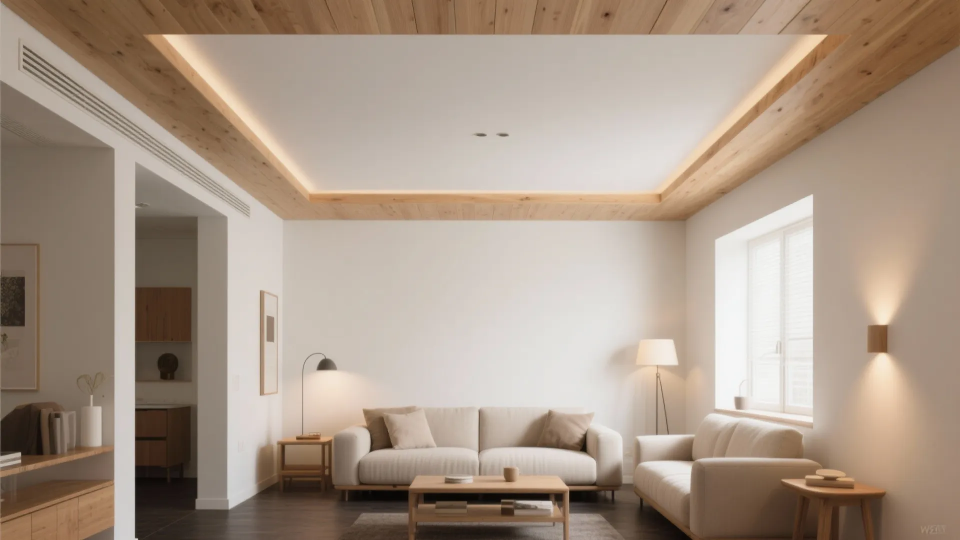 Minimalist living room featuring wood ceiling panels white walls cream sofa and wooden coffee table
