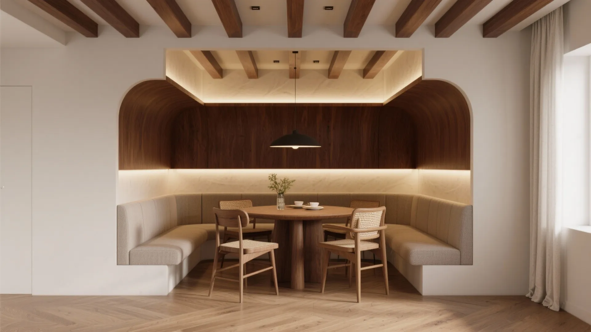 Modern dining area with curved wood wall panels built in sofa round table and ceiling light