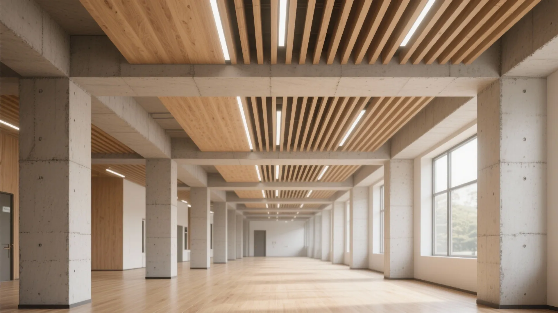 Large empty hall featuring concrete columns wooden ceiling panels built in lights and big glass windows