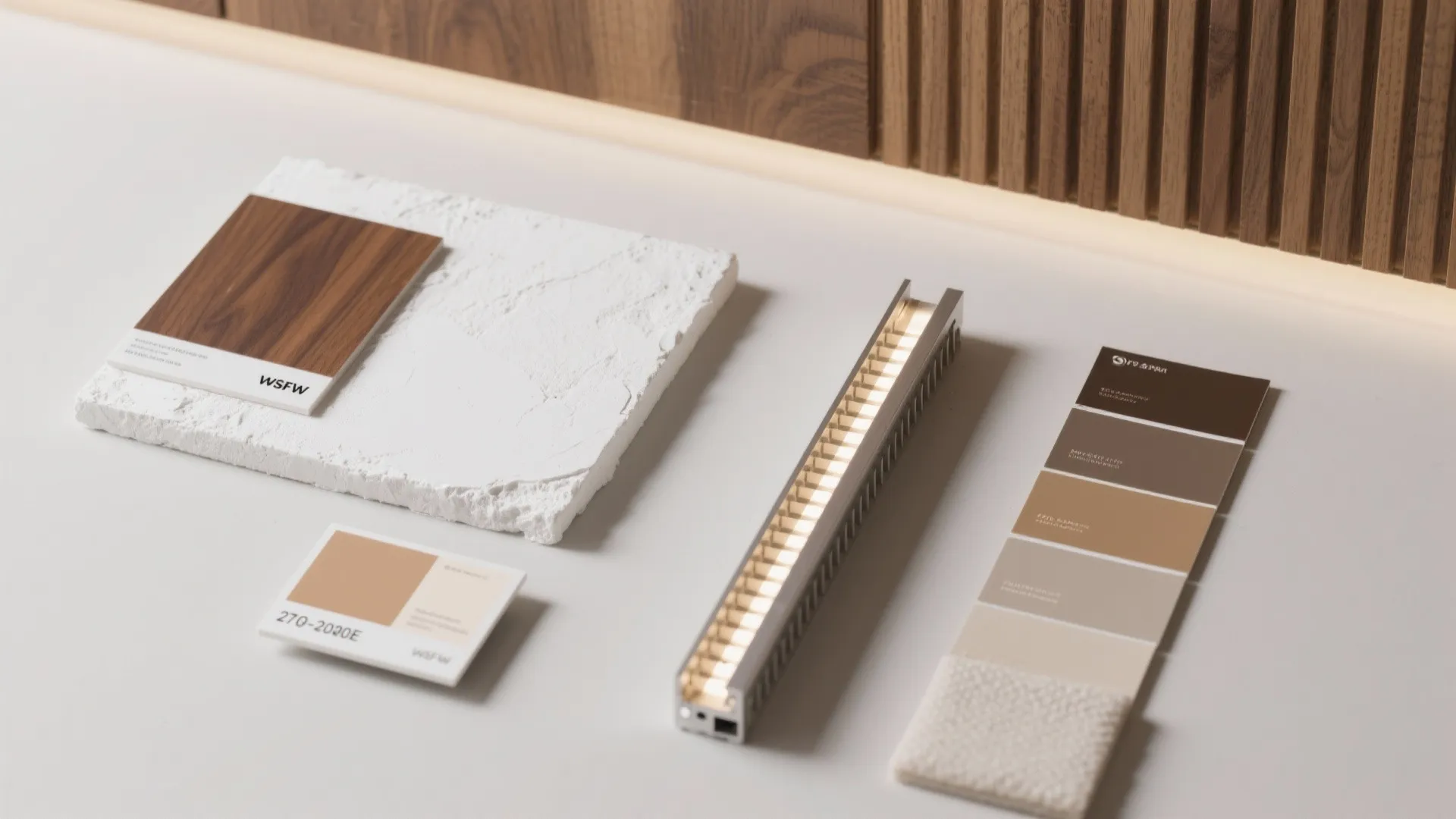 Interior design material board with wood samples color swatches white stone tile and small light fixture