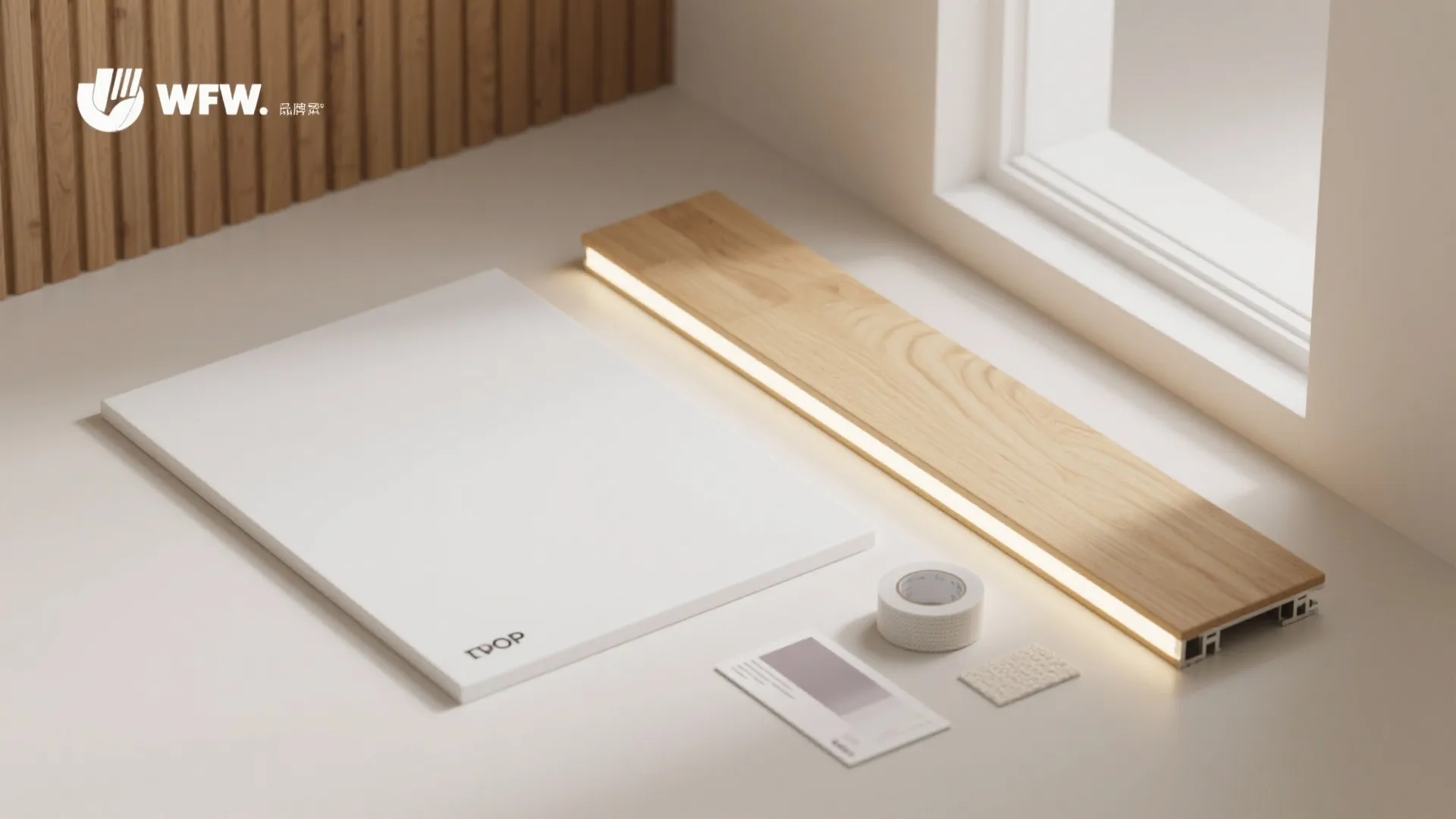 Interior design materials including white panel, wooden plank with light fixture, tape, and color samples