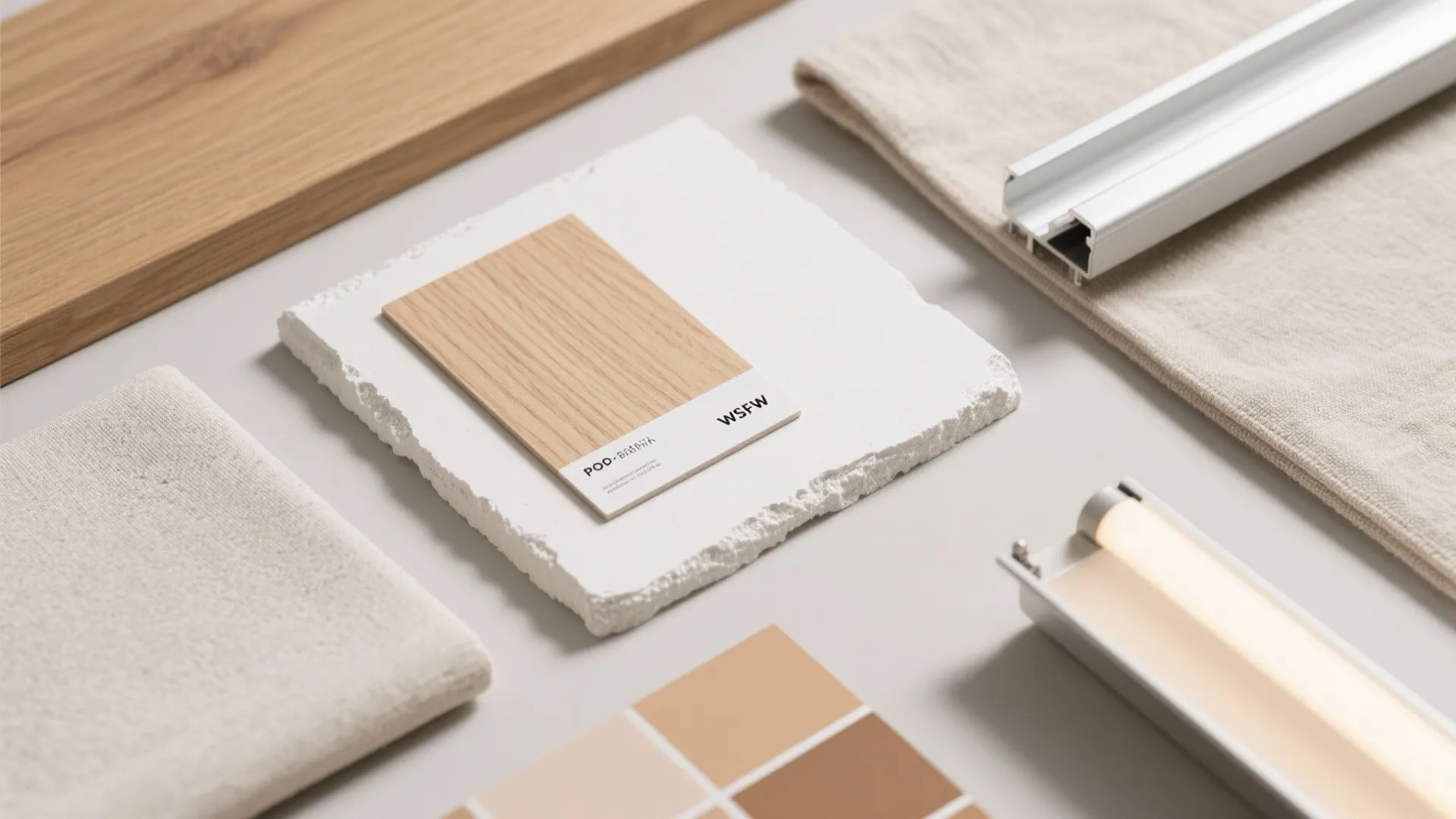 Interior design material board with wood samples fabric pieces light fixture and warm neutral colors