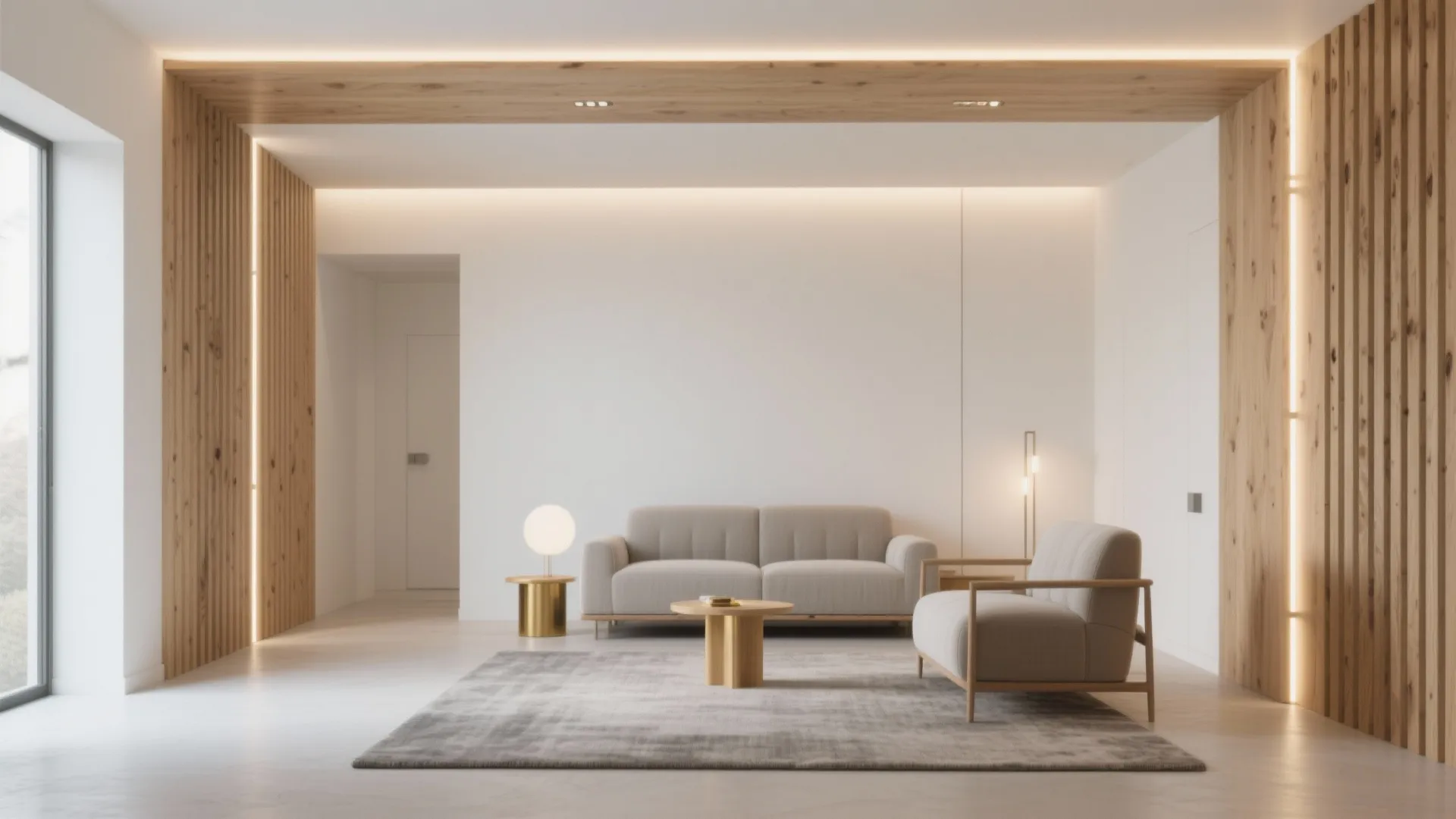 Modern living room with wooden wall panels beige sofa grey rug and warm hidden ceiling lights