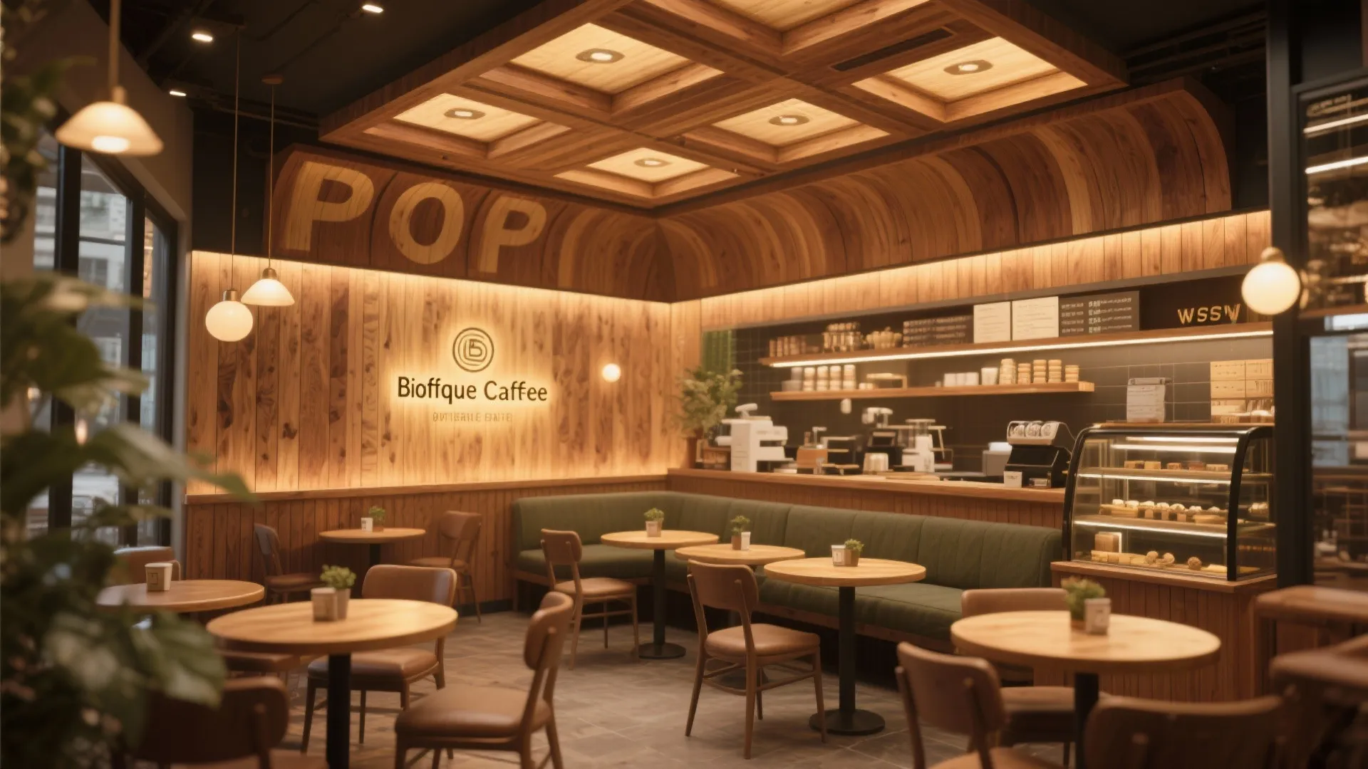 Coffee shop interior with wooden wall panels grid ceiling design round tables and green seating