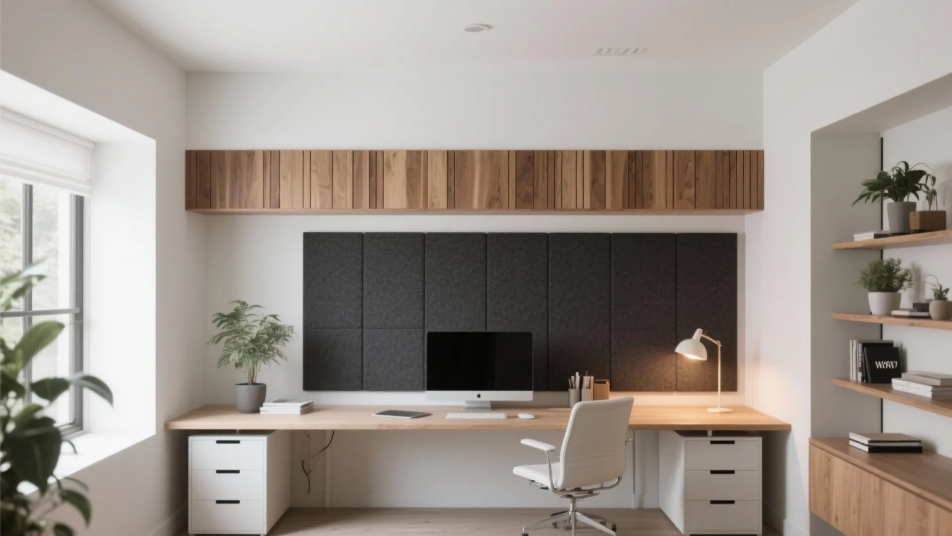 POP + wood slat hybrid for warmth and acoustics