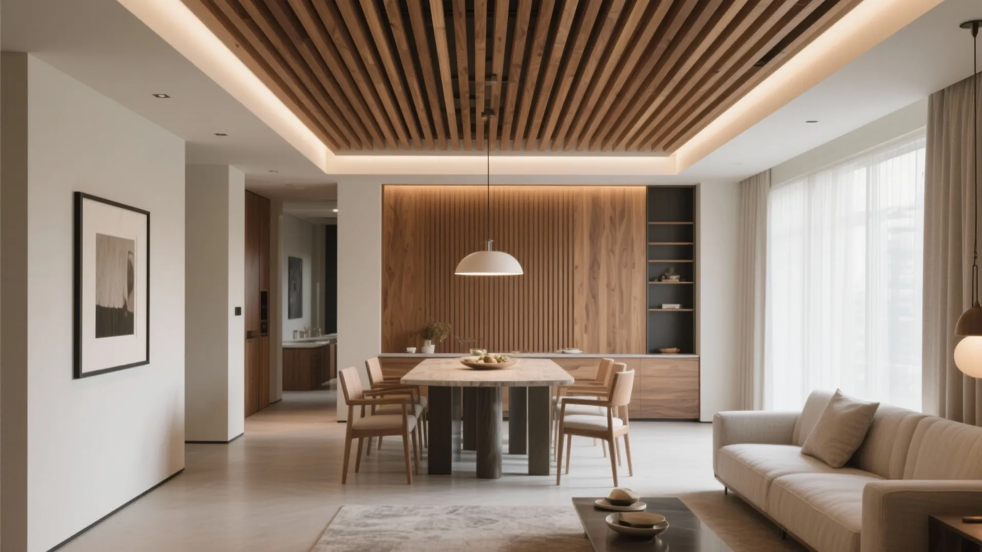 Warm Material Accents: POP + Wood Slats (or Faux Beams)