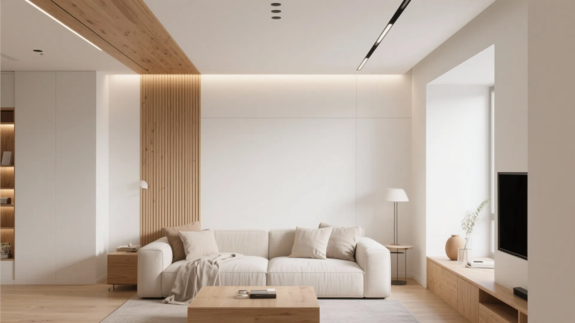 Minimalist living room with white sofa and wooden wall panel accent under soft warm lighting