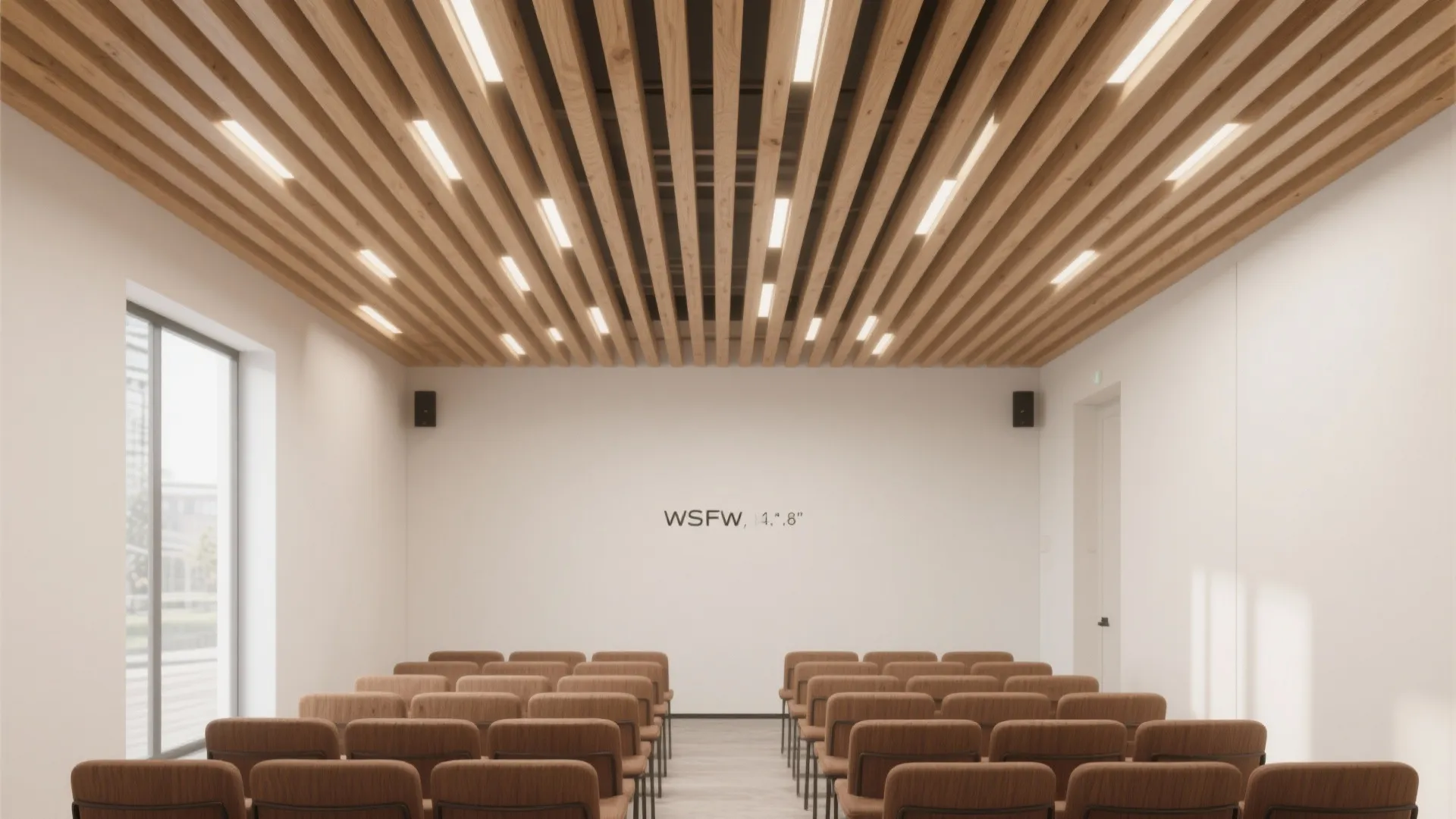 Modern meeting room with wood slat ceiling light fixtures brown chairs and white wall design