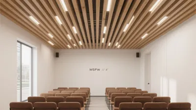 Modern Auditorium Design with Wood Slat Ceiling