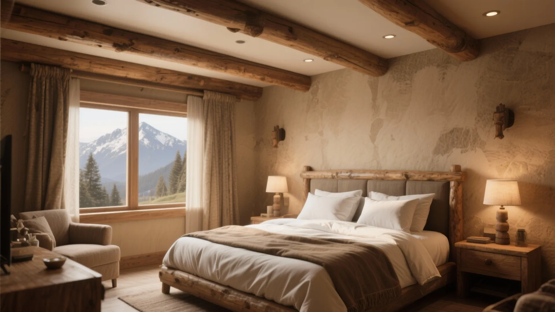 Rustic bedroom with wooden ceiling beams, mountain view window, comfortable bed, wooden furniture, and lamps