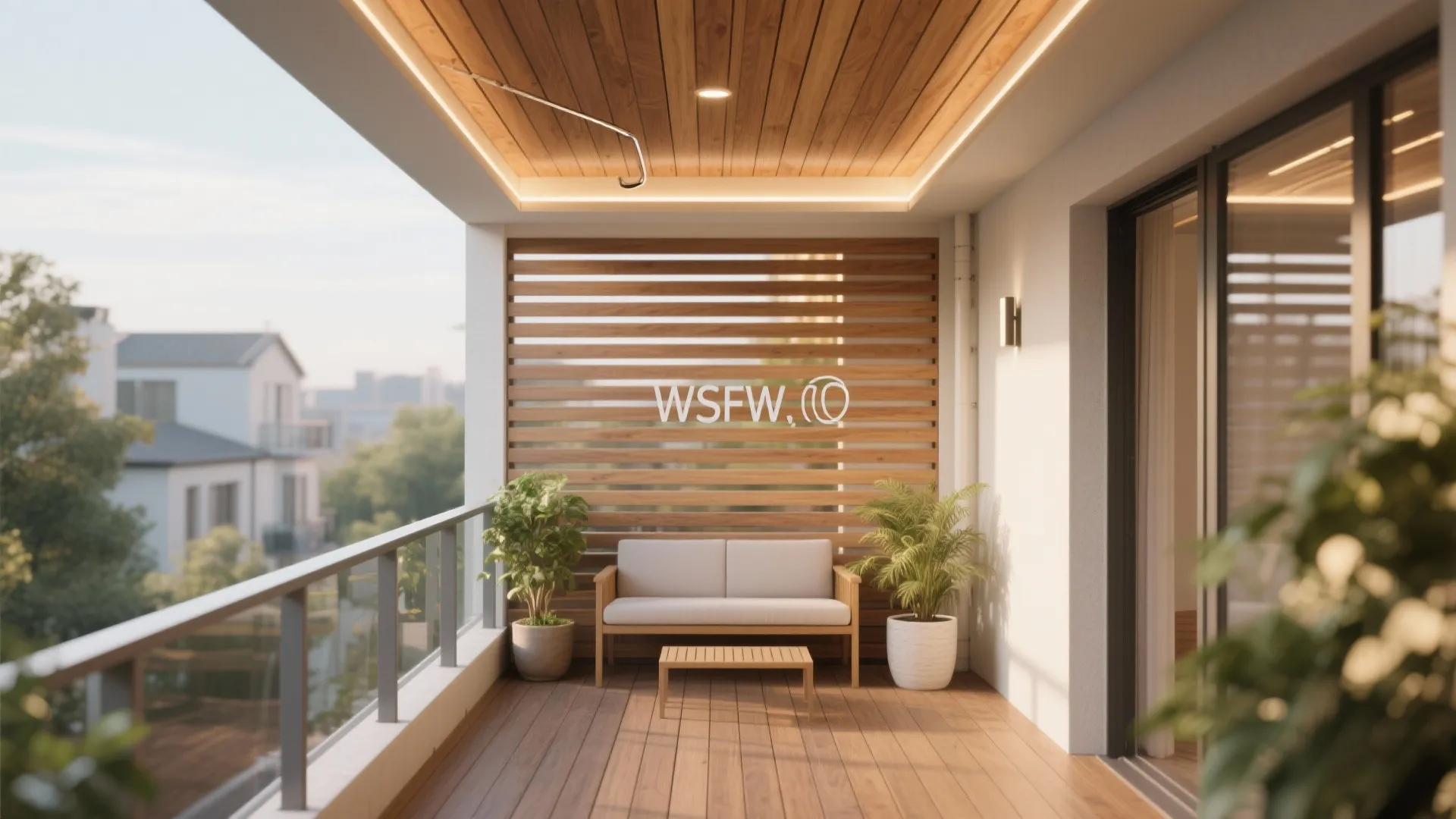 Balcony ceiling with POP perimeter cove lighting and wood-look WPC slats for warmth.