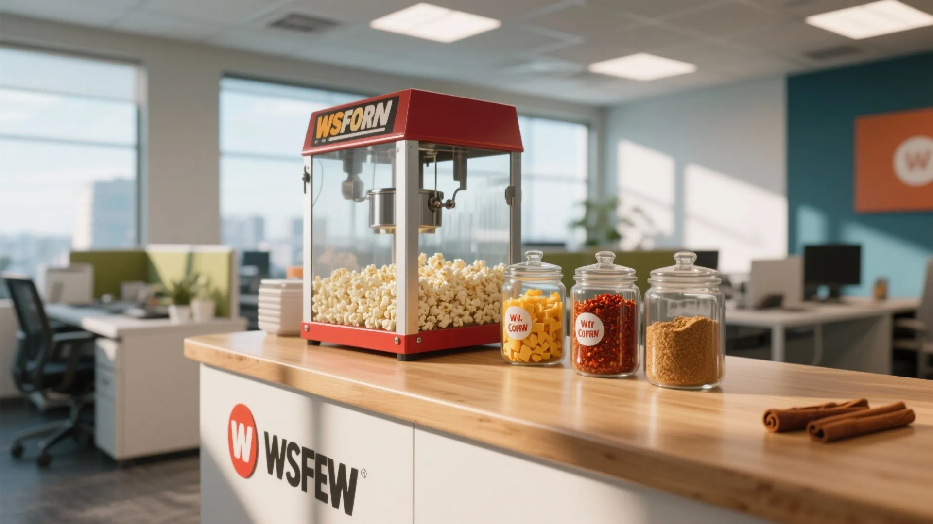 Red popcorn machine and glass spice jars sitting on white counter in modern office space