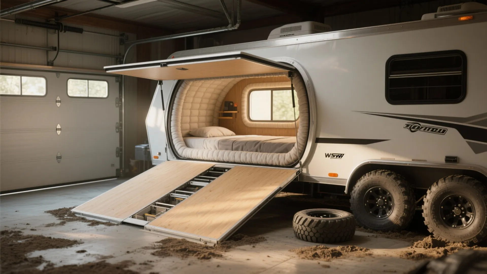1. Pop-out sleeping pod from the garage area