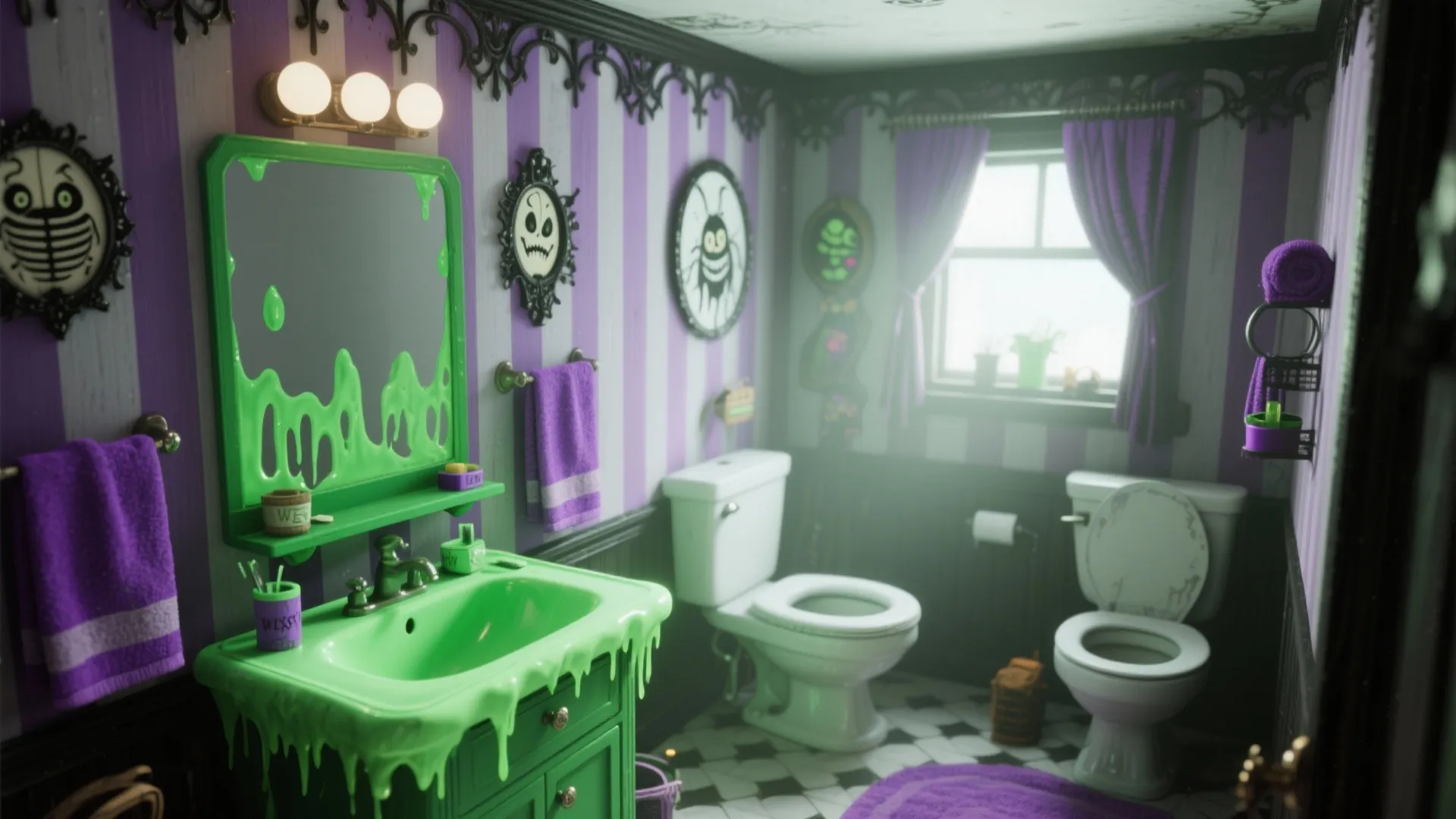 Purple striped bathroom with green slime sink, purple towels, white toilet, and spooky wall art decorations