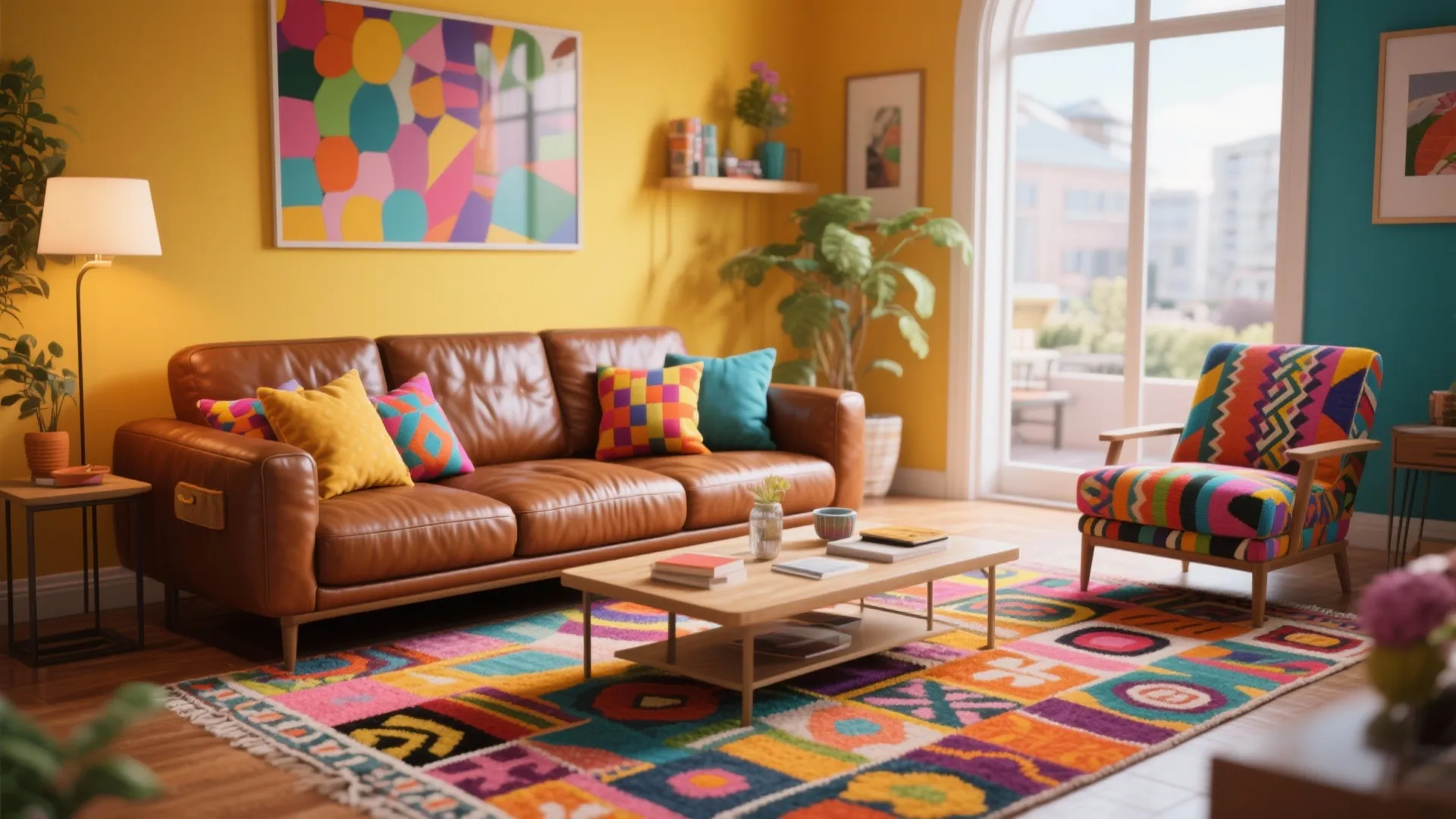 Brown leather sofa with colorful throw pillows and a bold rug