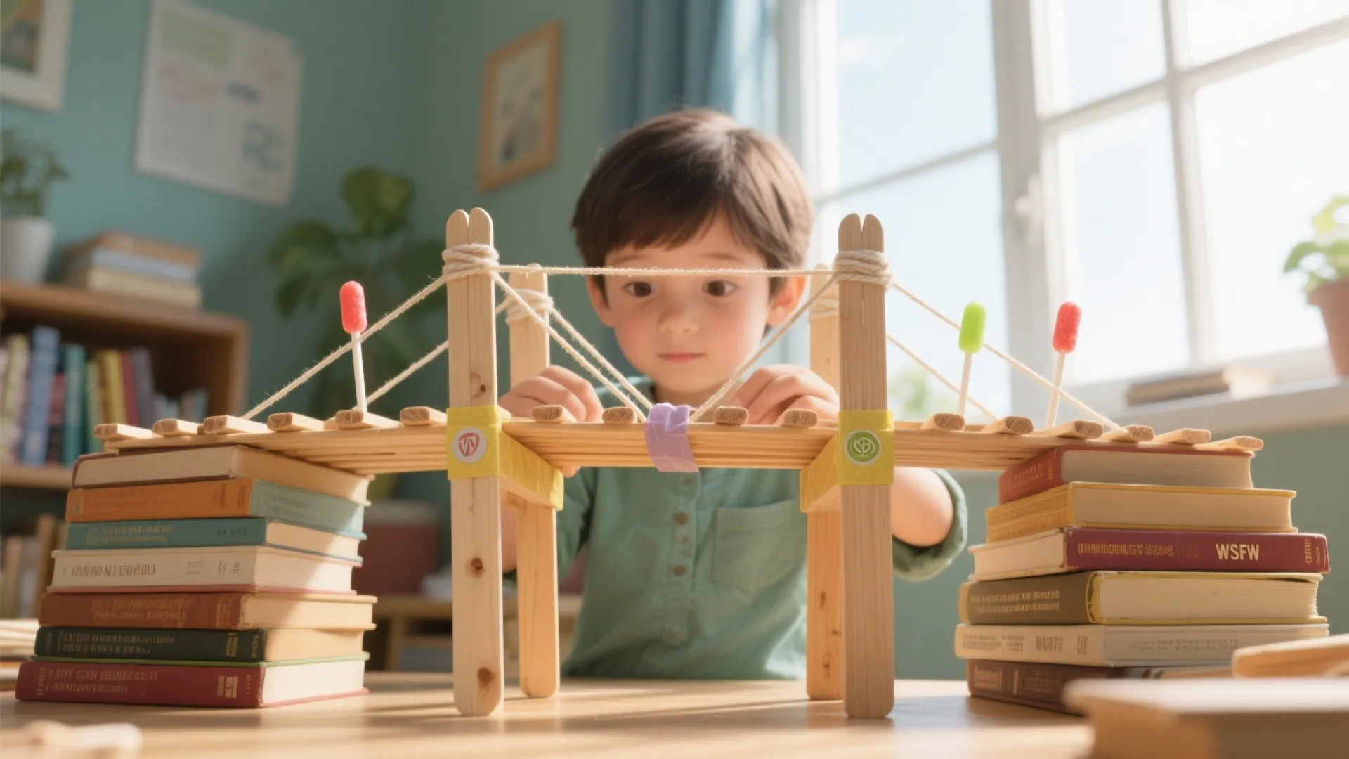 Child building a popsicle stick bridge between two stacks of books