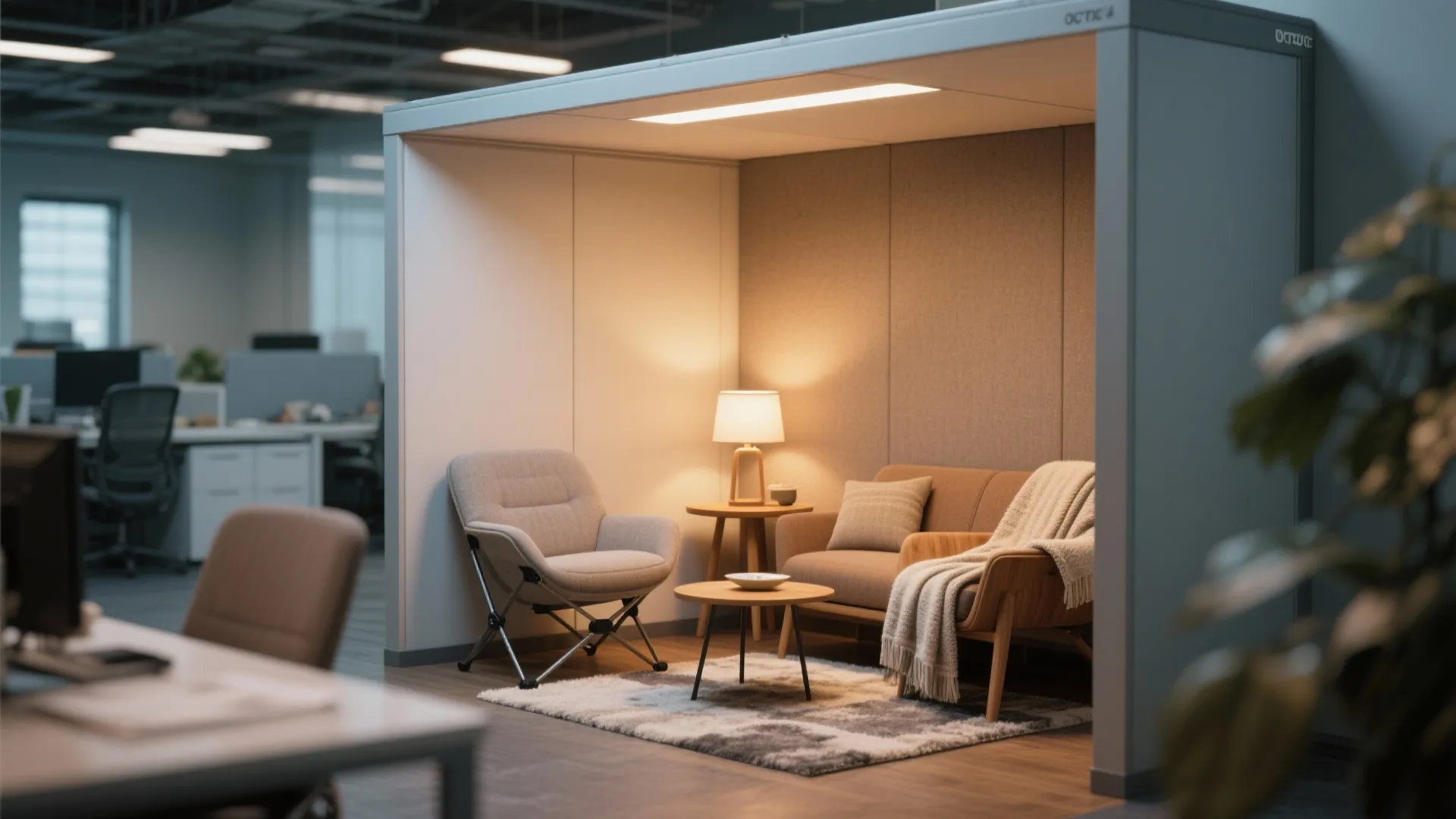 Modern office breakout booth with grey chair, small sofa, wooden tables, lamp, and soft rug