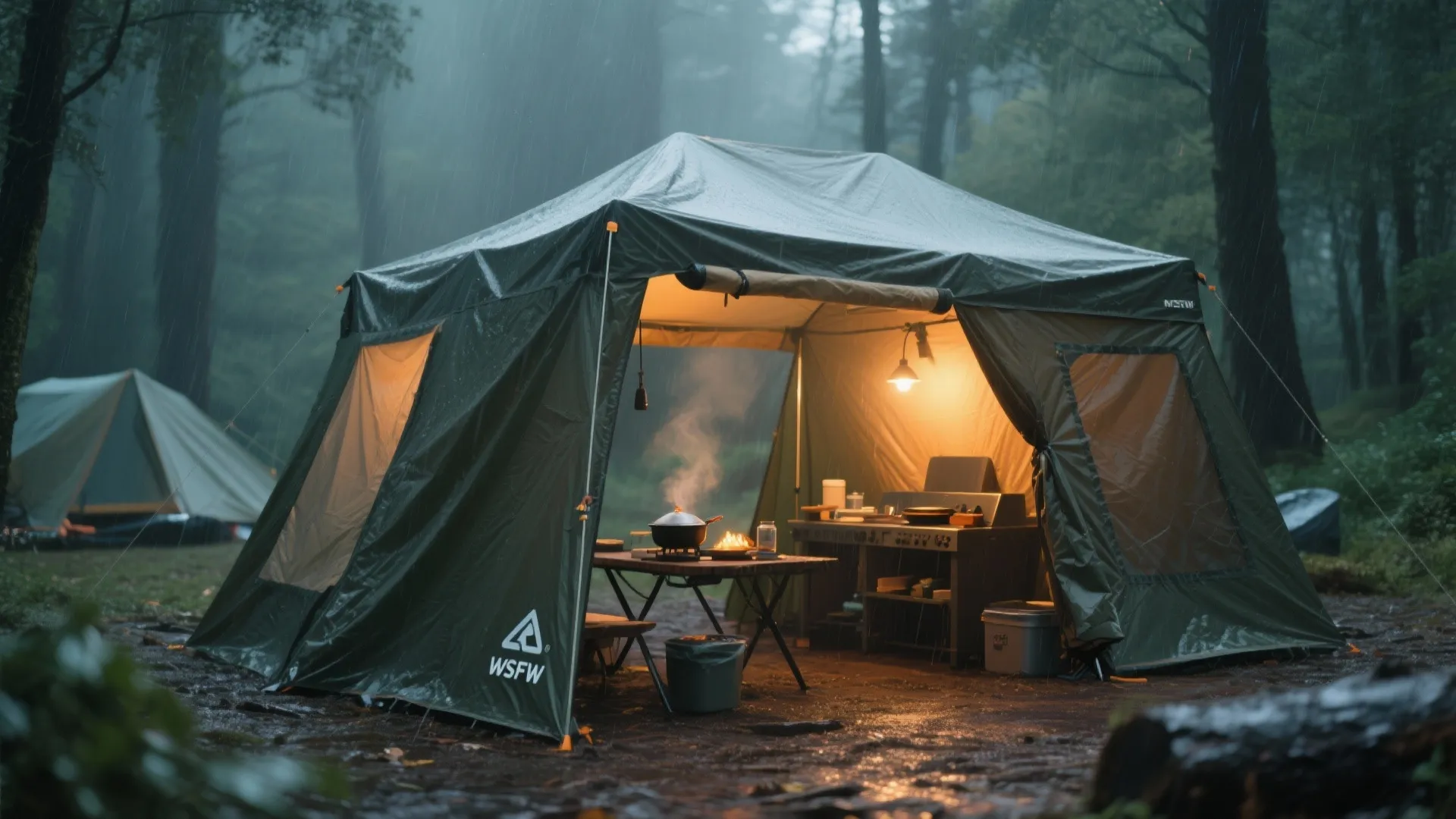 Large green camping tent in the rain featuring an indoor kitchen setup with warm lighting