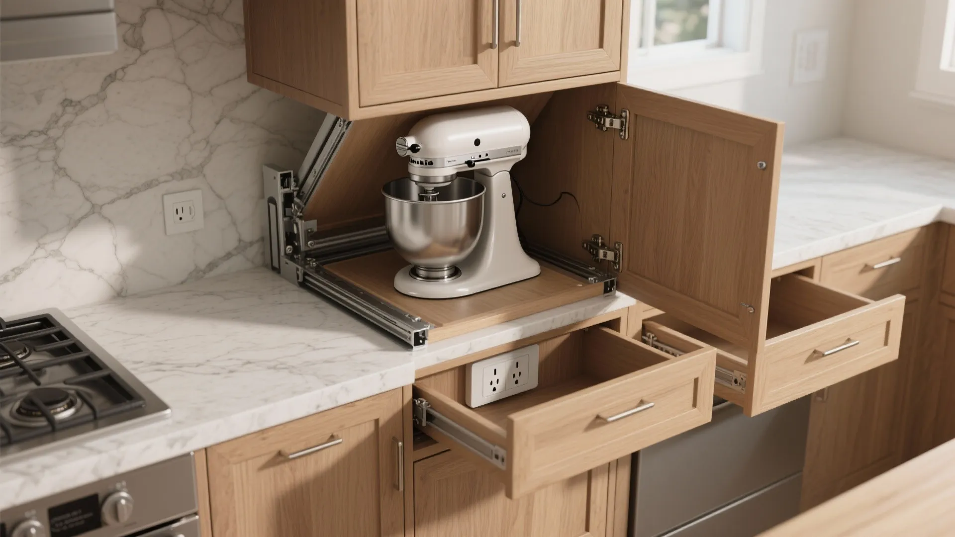 Wooden kitchen cabinet featuring a pull-out shelf with a white food mixer and marble countertop