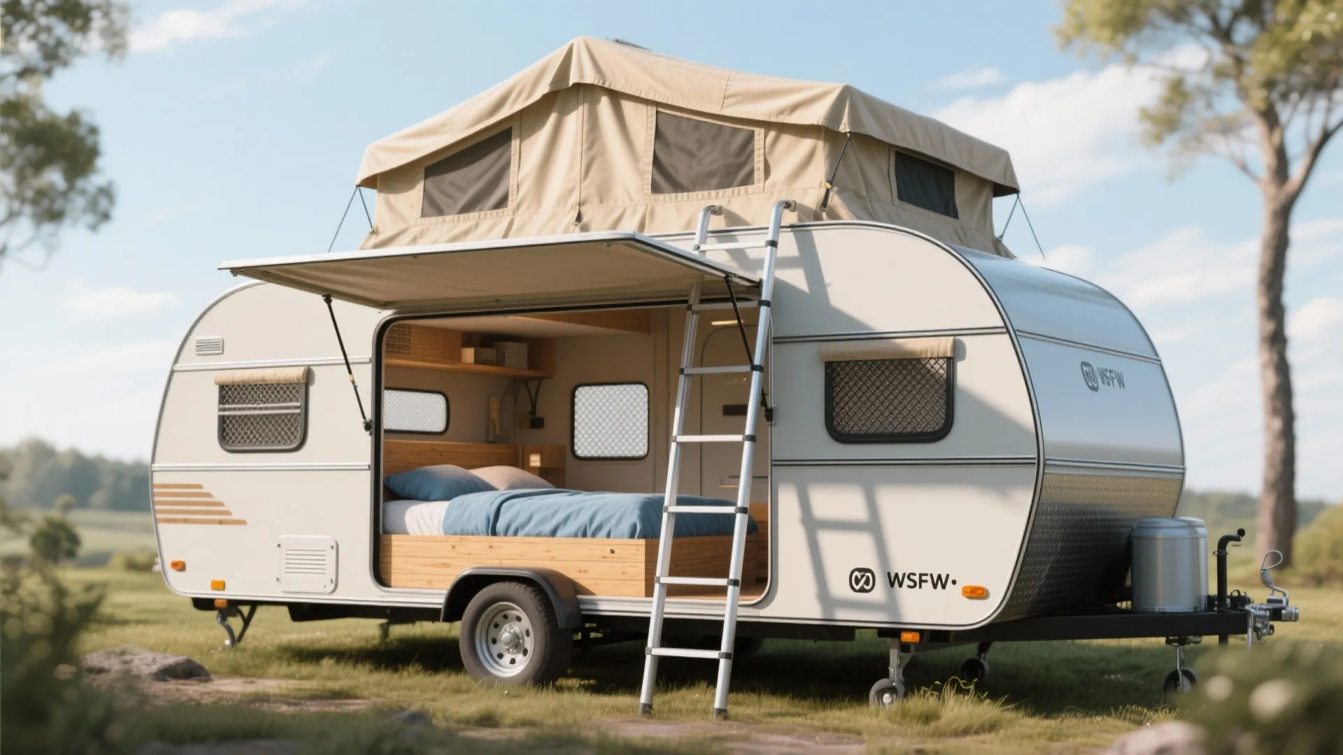 Small trailer with a raised pop-up canvas loft showing ladder access and a double bed, highlighting lightweight materials and ventilation.