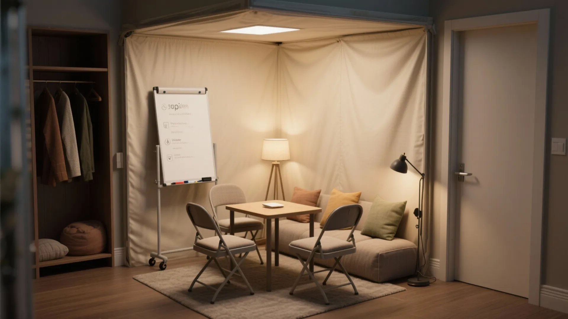 Small office meeting area with square table four chairs white board sofa and light fixture