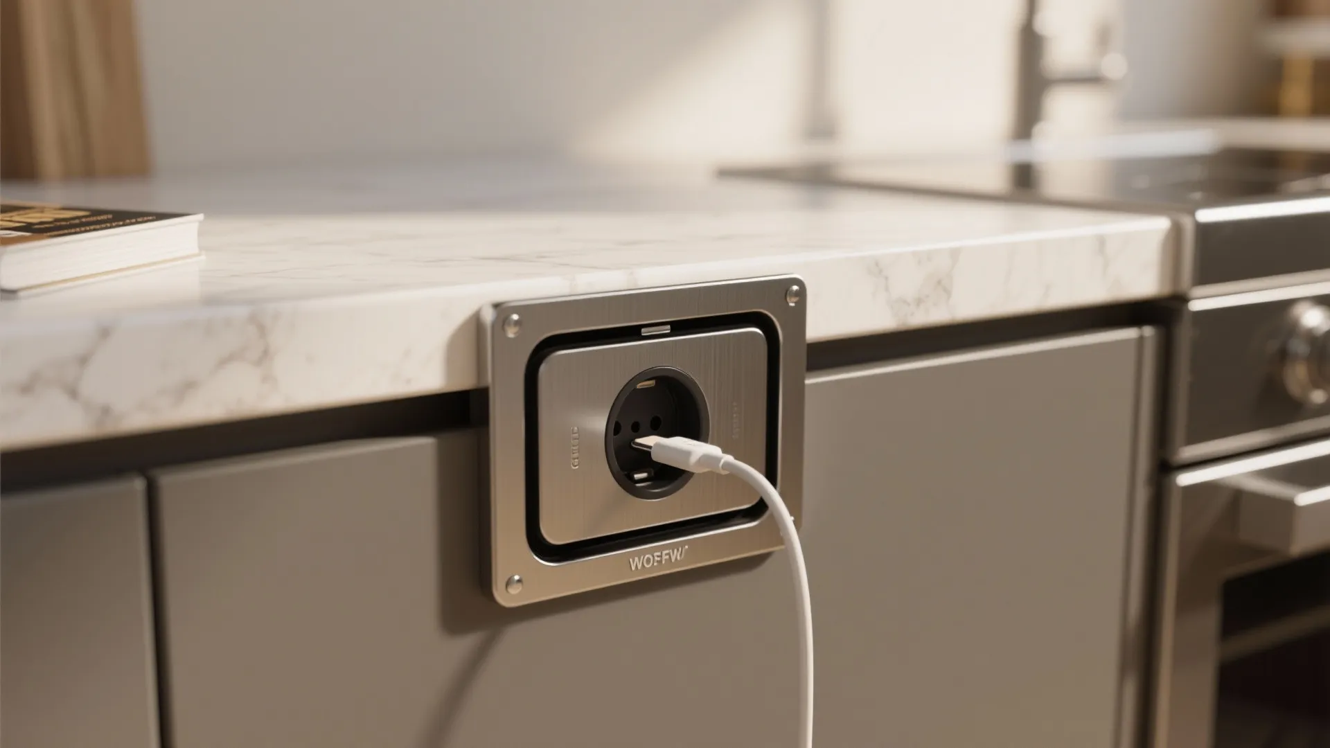 Silver power outlet built into grey kitchen cabinet with white cable plugged in under marble