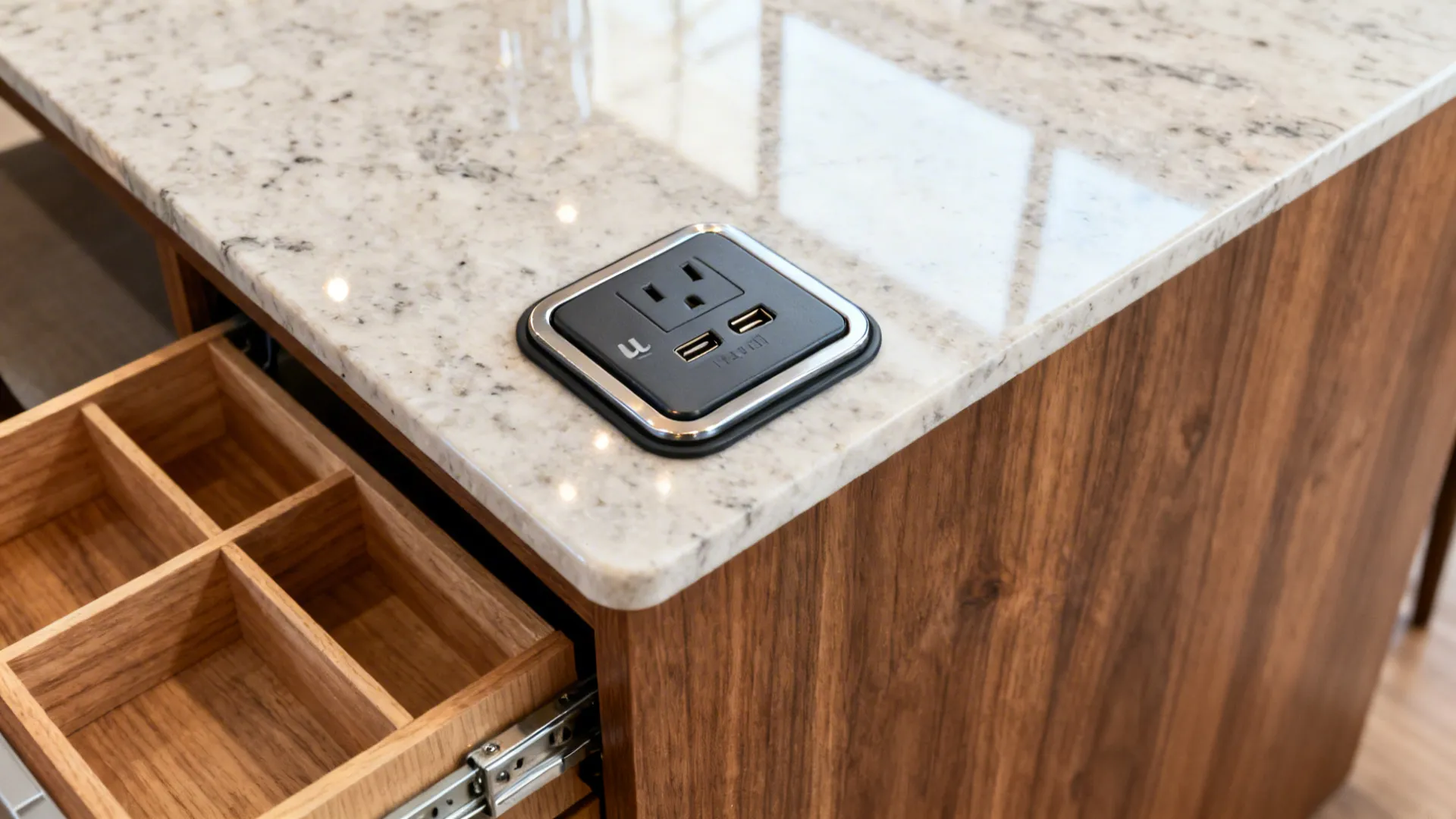 Close-up of a flush pop-up outlet with USB-C on a quartz island near organized drawers.