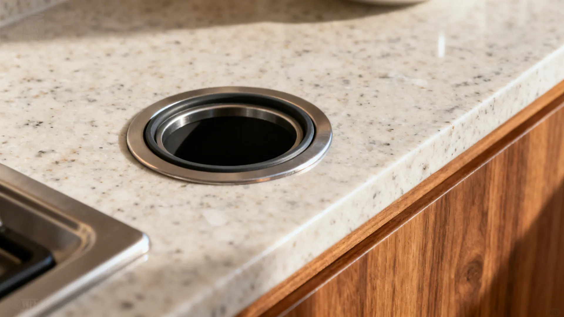 Close up of stone kitchen countertop with circular hole for a built in trash bin