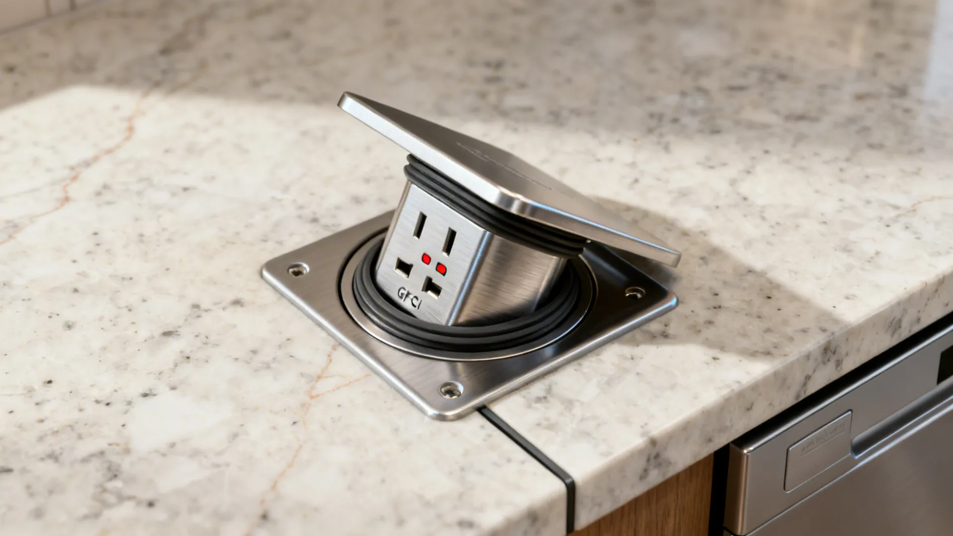 Close-up of a pop-up countertop outlet with sealing gasket on a quartz island.