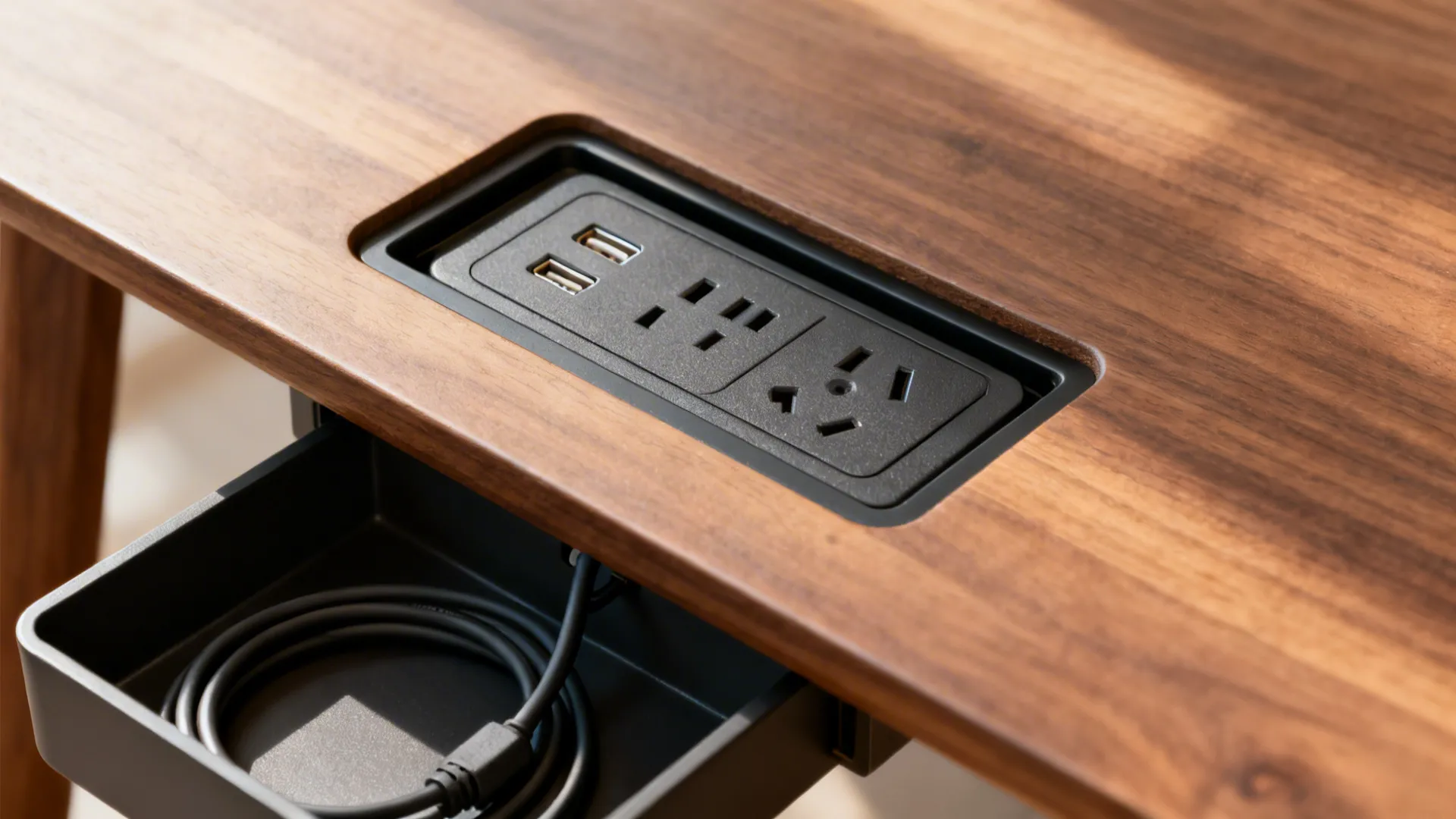 Macro of a pop-up outlet in a matte wood tabletop with cables routed neatly below.