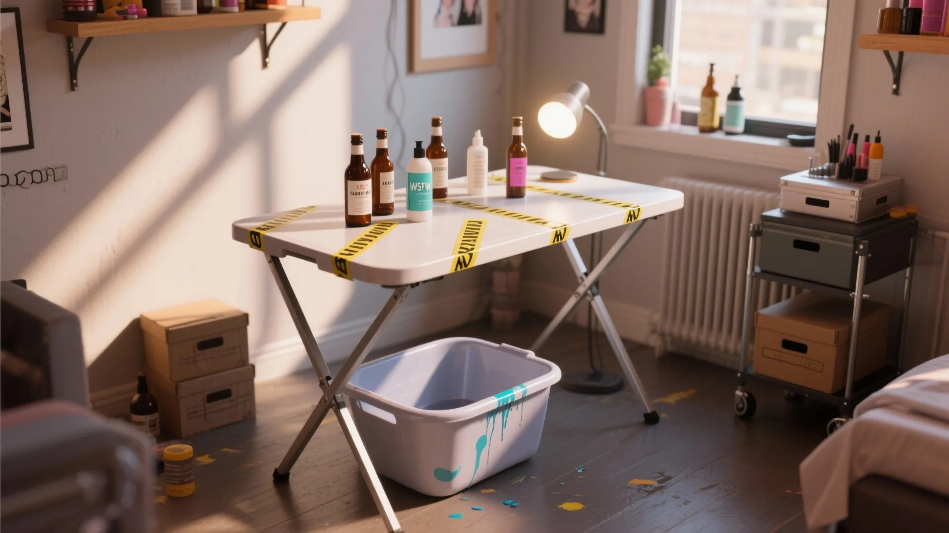 Folding white table with bottles and yellow tape above a blue plastic tub for dyeing