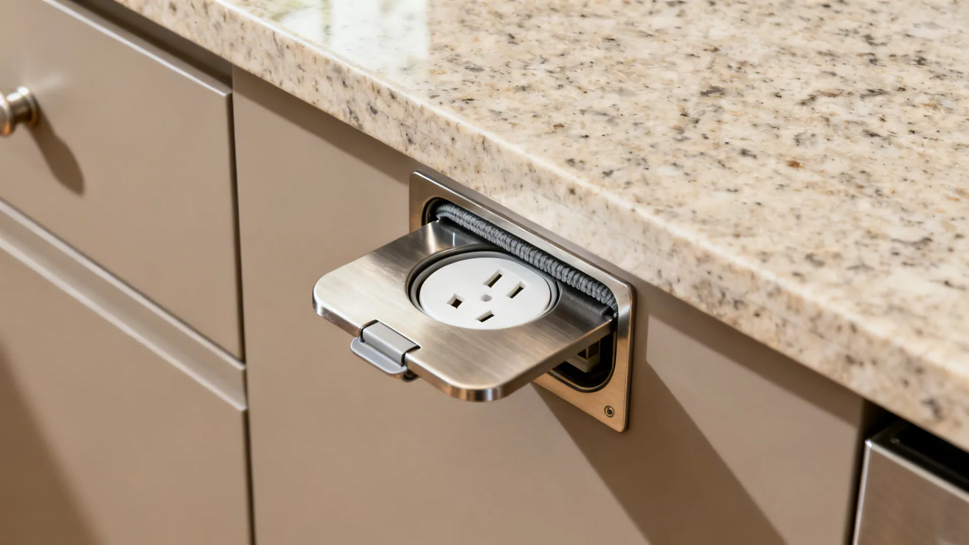 Macro of a pop-up power socket with a child-safe cover set into a quartz island.