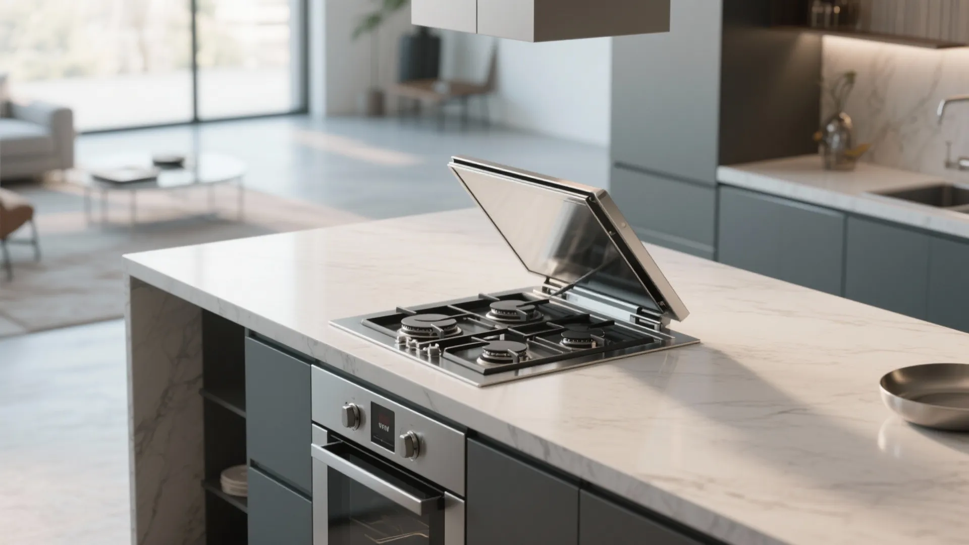 Pop-up vent mechanism rising from an island cooktop in a minimalist open-plan studio