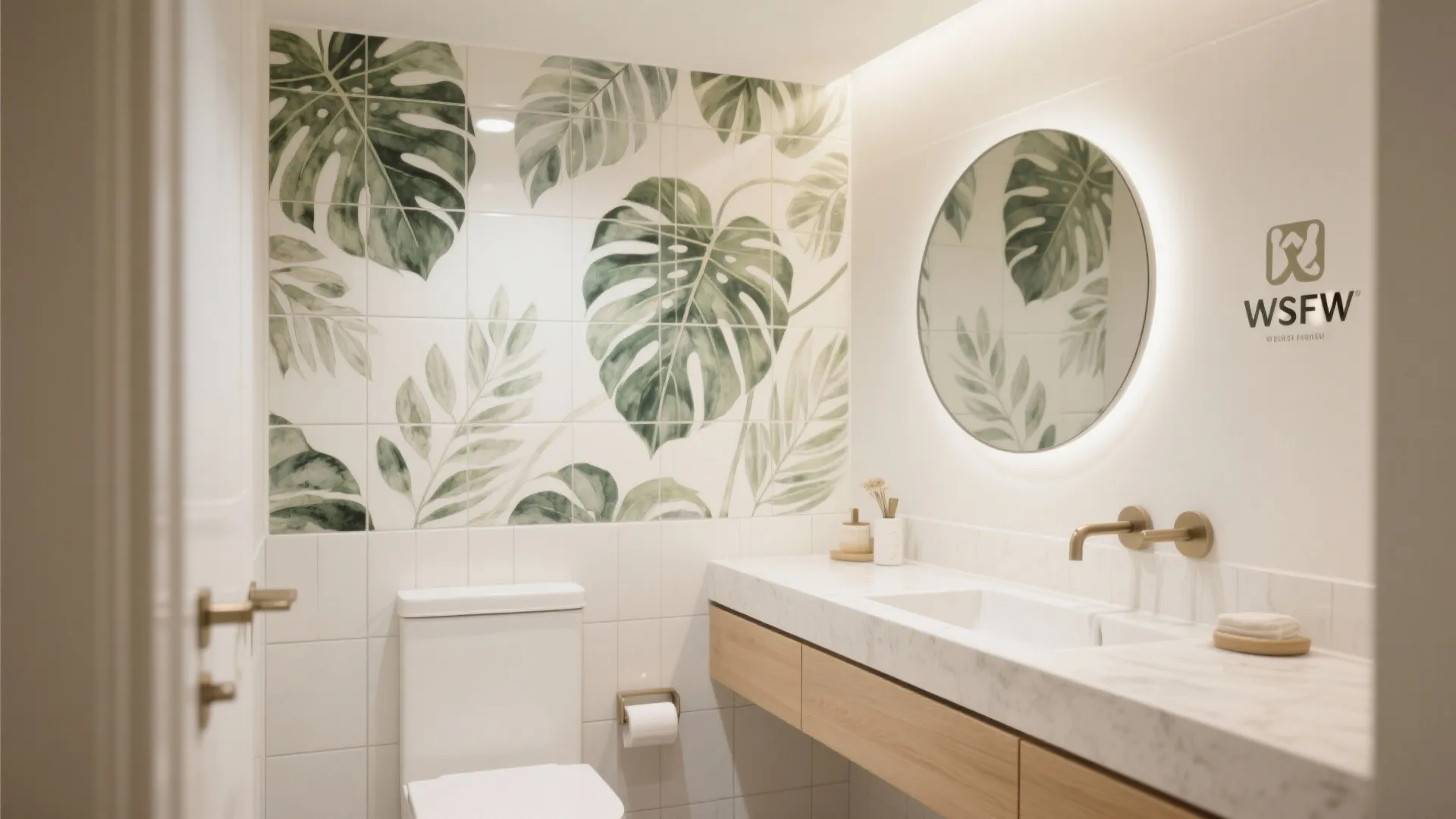 Bathroom with large leaf pattern wall tiles, round mirror, white toilet, and marble vanity cabinet