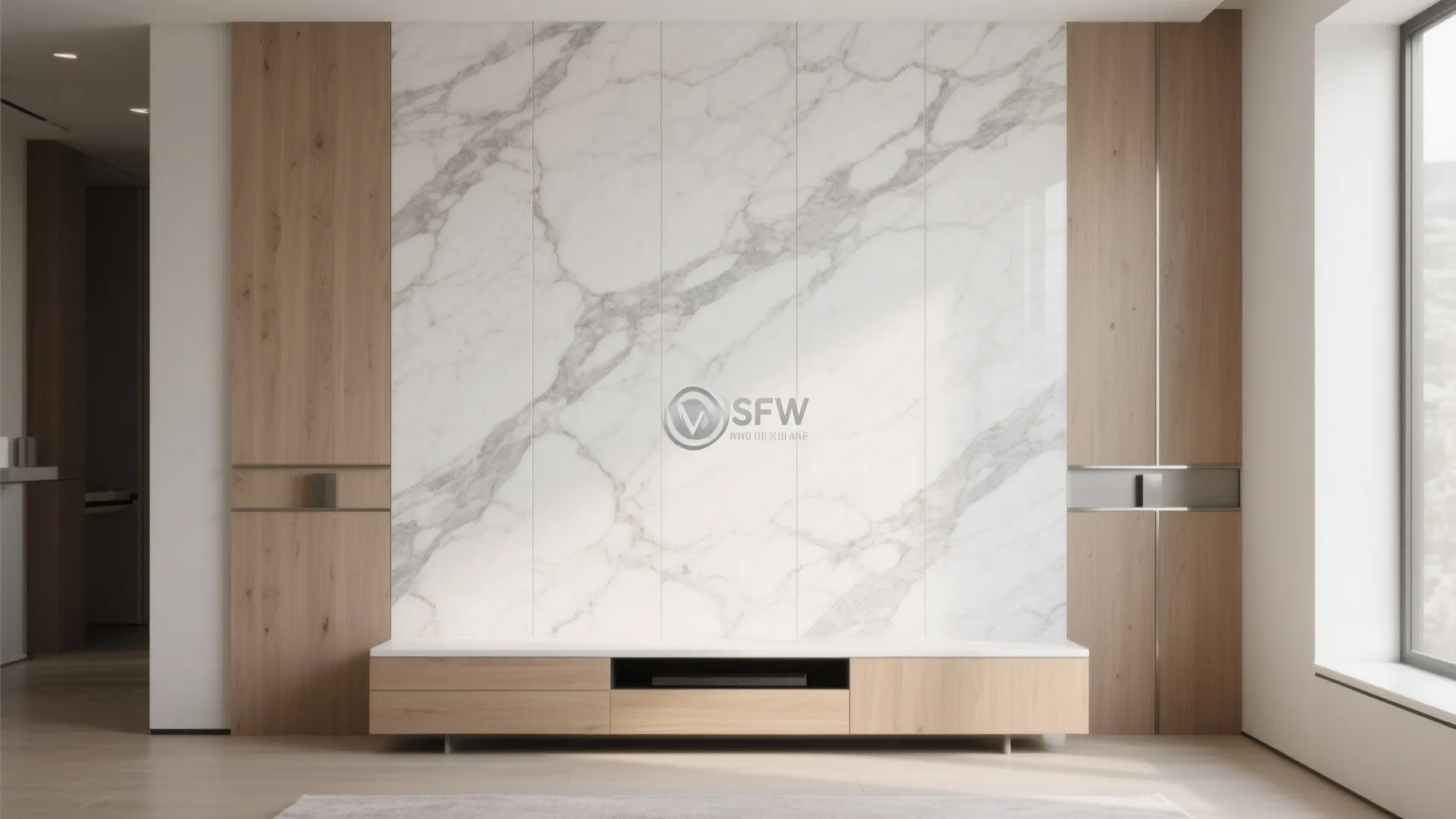 Living room with marble pattern wall panel and wood cabinets next to a low cabinet