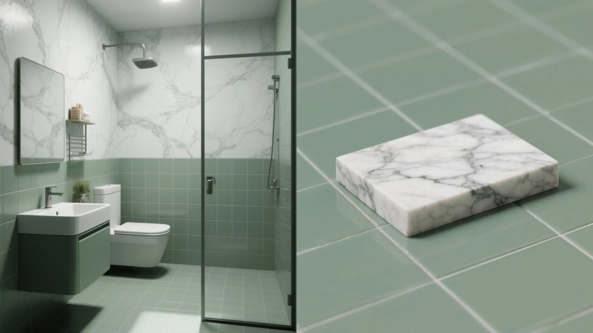 Small bathroom showing matte green porcelain tiles that mimic marble beside a small real marble sample.