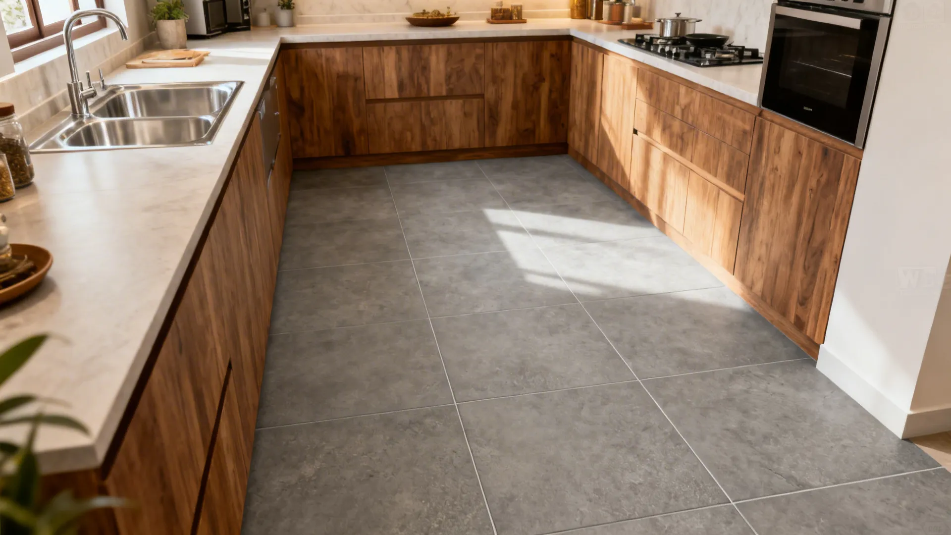 R10–R11 matte porcelain floor tiles in 600x600 mm with rectified edges in a Chennai kitchen.