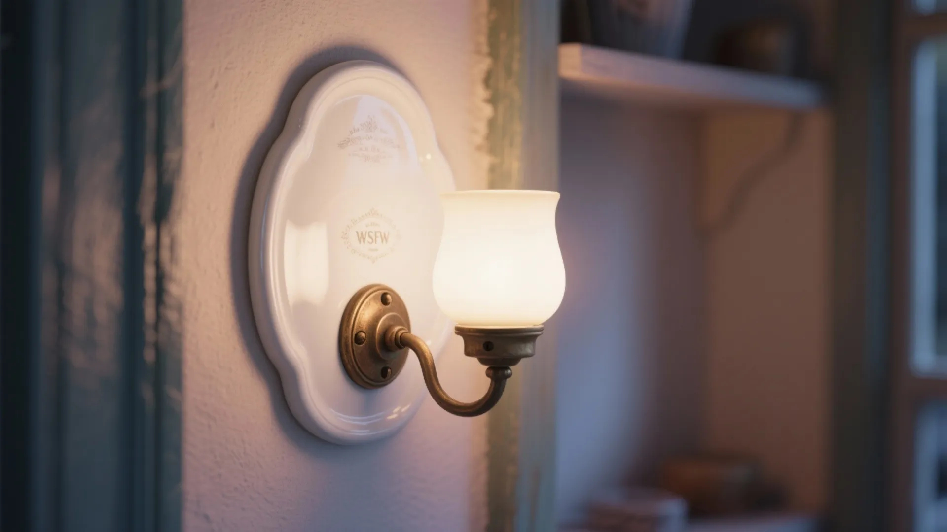 Vintage white wall light with porcelain plate and brass arm glowing in a dim room